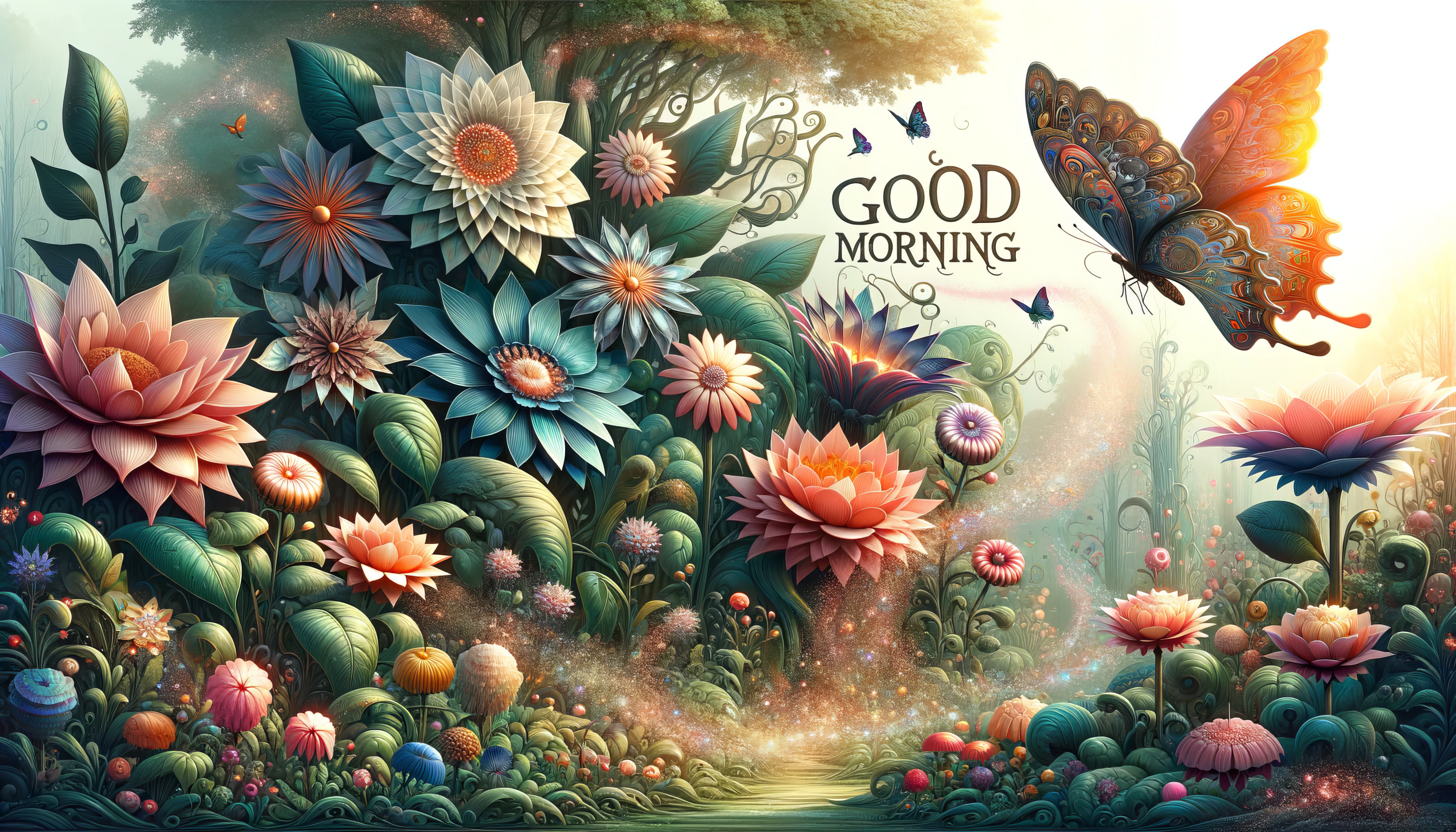 Enchanting floral HD desktop wallpaper with vibrant flowers and a butterfly featuring 'Good Morning' text for a refreshing background.
