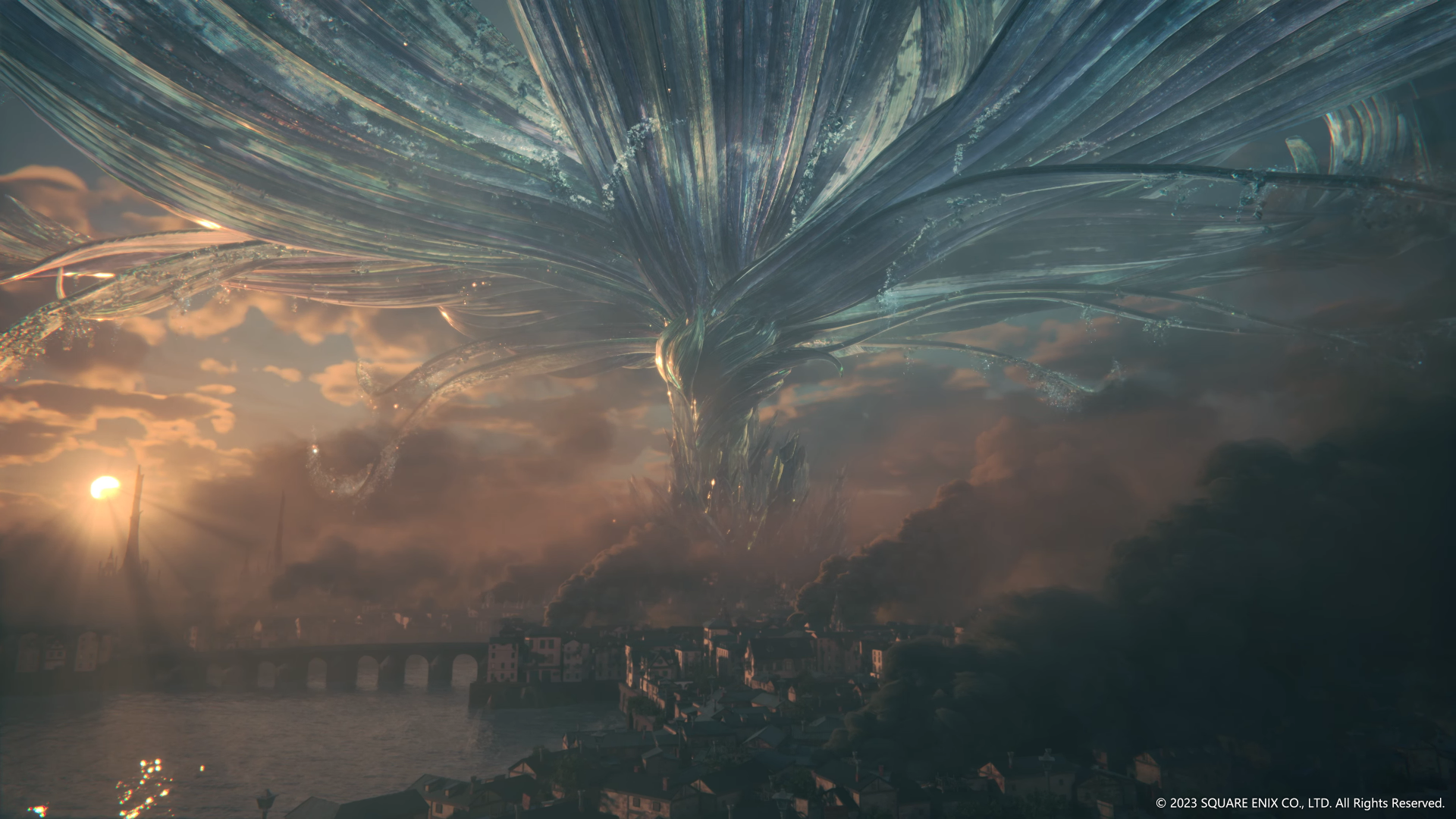 HD desktop wallpaper from Final Fantasy XVI featuring a majestic celestial creature hovering over an ancient city at sunset.