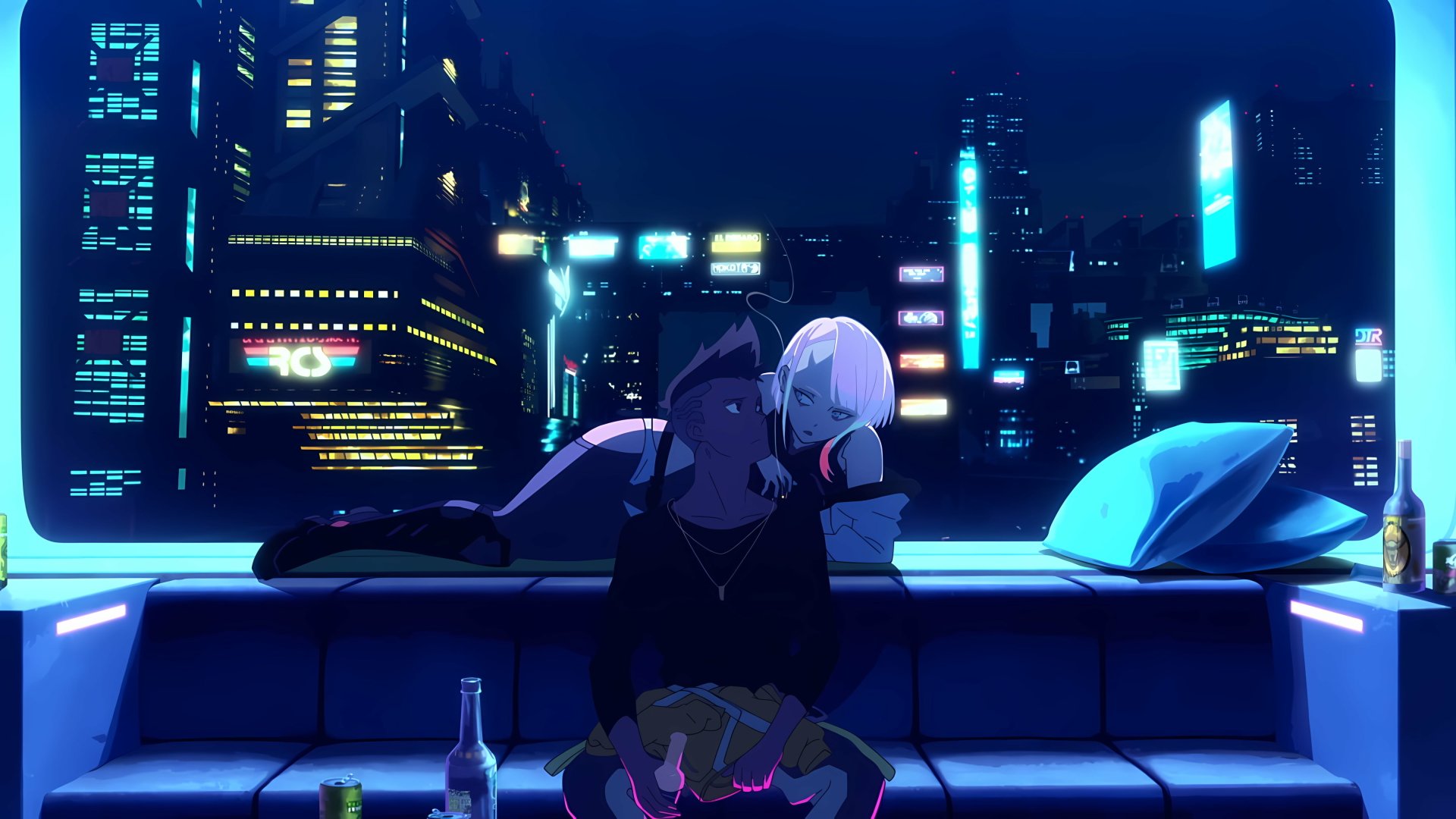 HD desktop wallpaper of David and Lucy from Cyberpunk: Edgerunners, sitting together on a rooftop with a futuristic cityscape in the background.