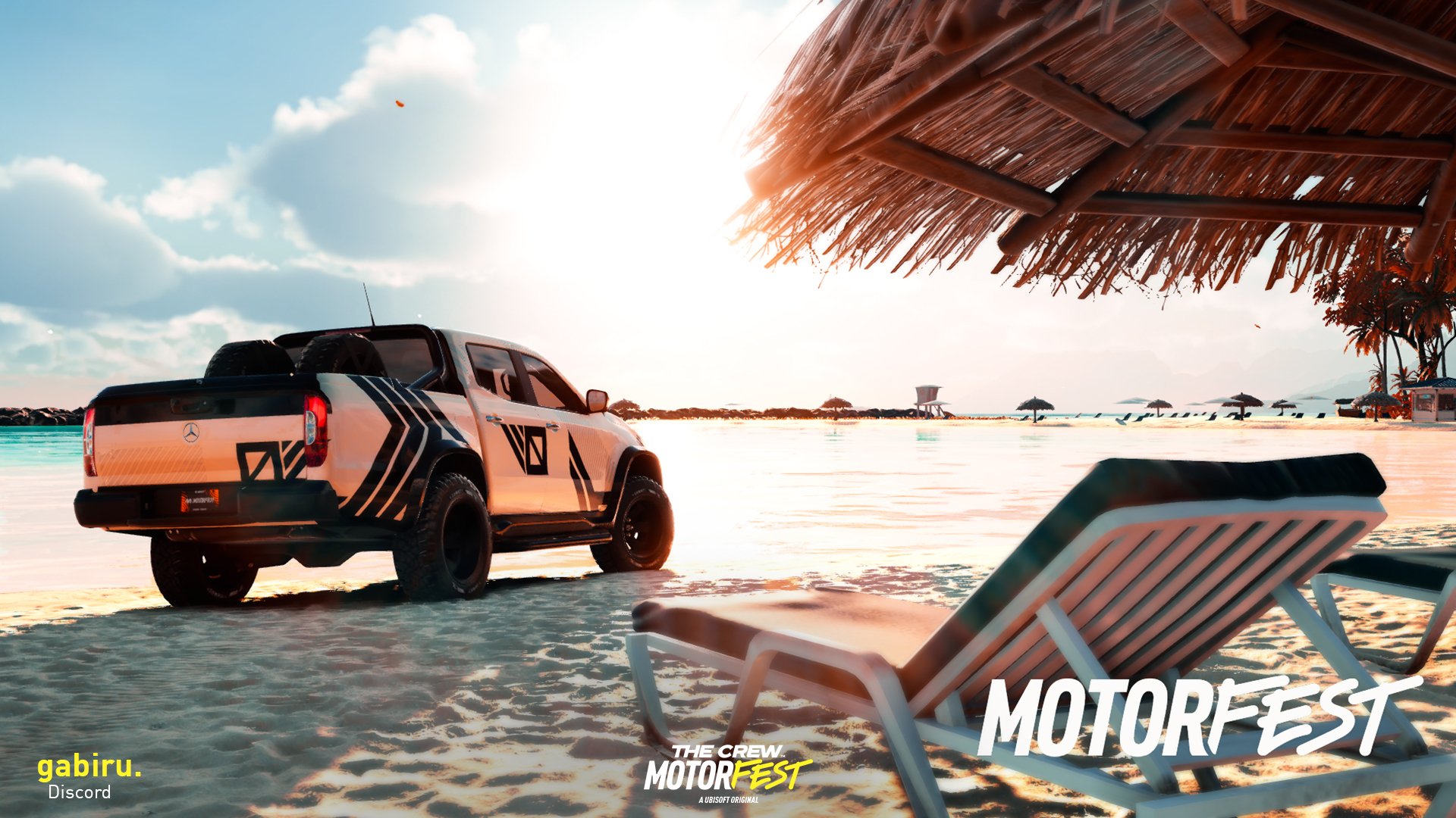 HD desktop wallpaper of The Crew Motorfest featuring a pickup truck on a sunny beach with a lounge chair in the foreground.