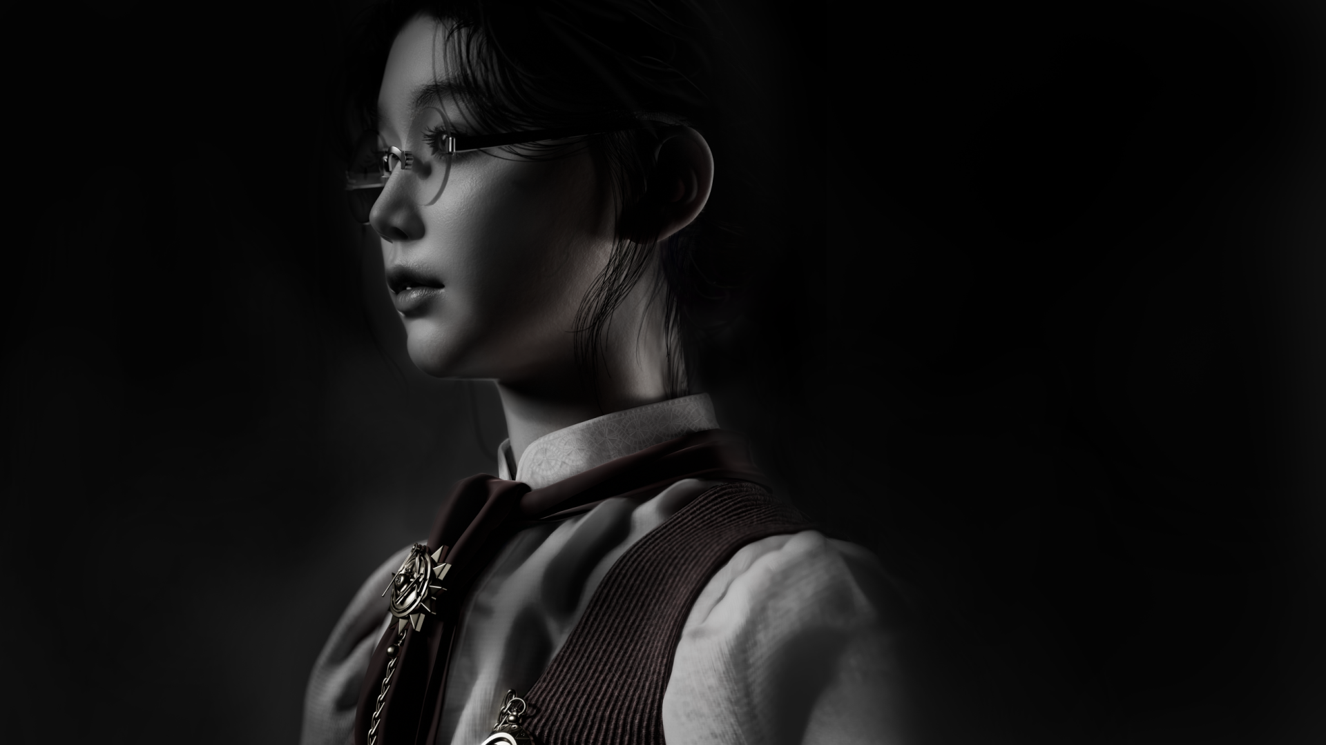 HD desktop wallpaper featuring a monochrome character from Lies Of P, presented in a dramatic and artistic black background setting.