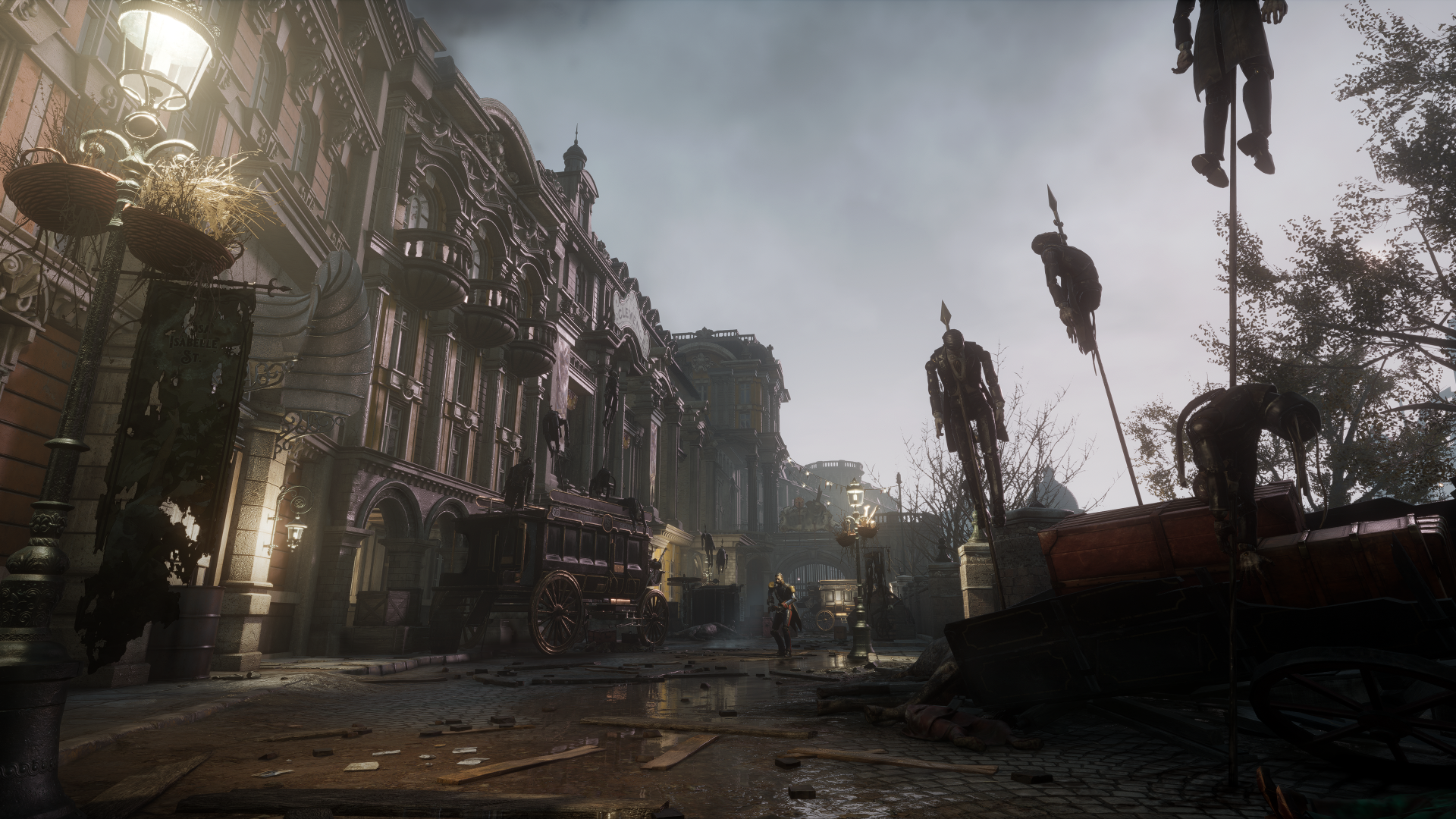 A haunting HD desktop wallpaper from the video game Lies Of P, depicting a dark, eerie street scene with mysterious figures and atmospheric lighting.