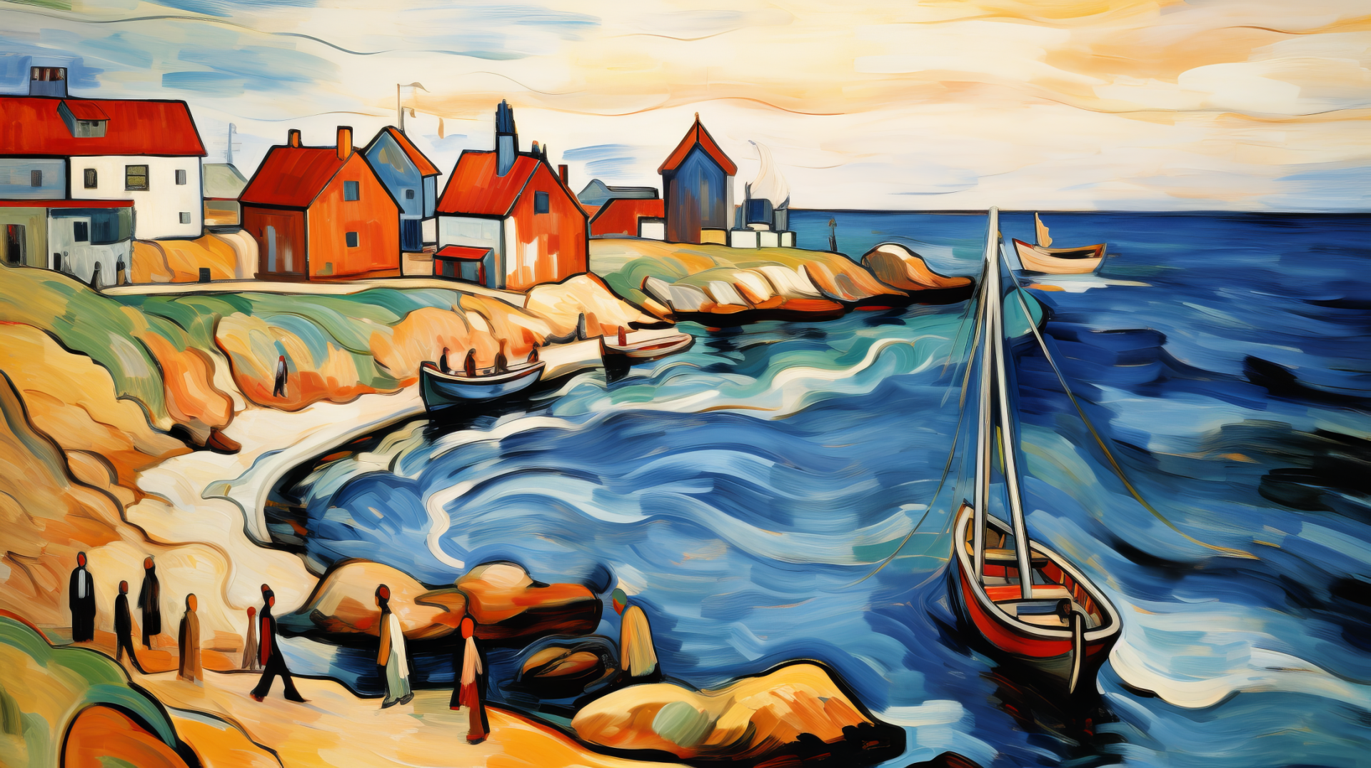 Expressionist painting of a coastal village with vibrant houses and boats, serving as an HD desktop wallpaper.