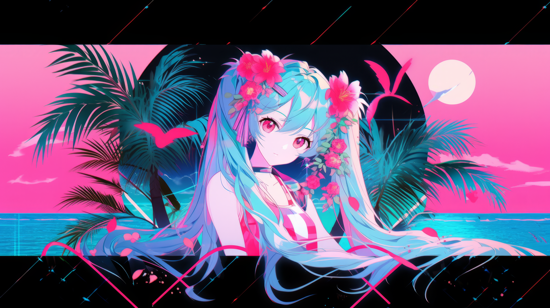 HD desktop wallpaper featuring a vaporwave-inspired anime girl with blue hair and floral decorations, set against a vivid pink and blue tropical backdrop.