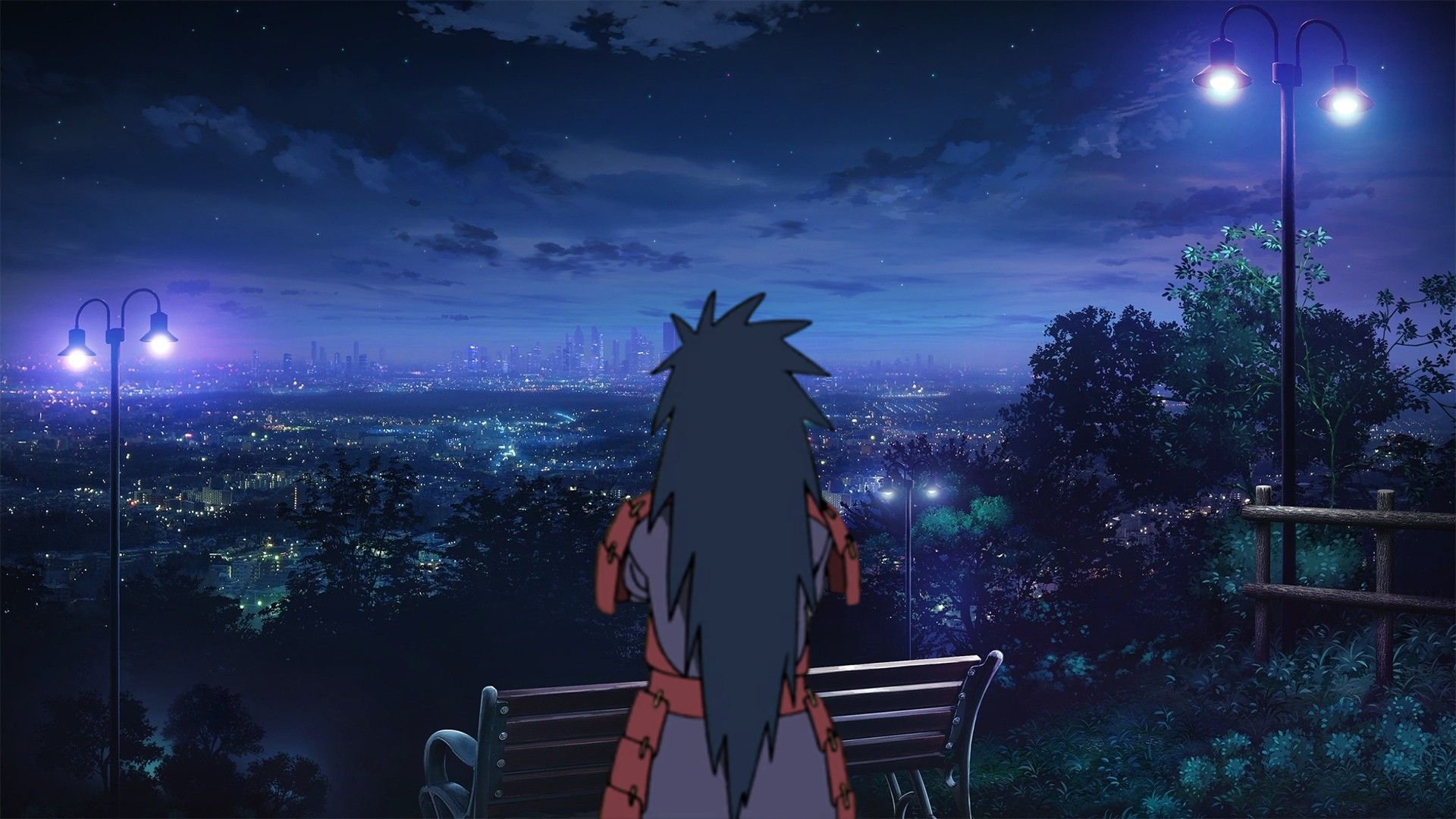HD PC desktop wallpaper featuring Madara Uchiha from Naruto, sitting on a bench overlooking a cityscape under a starry night sky.