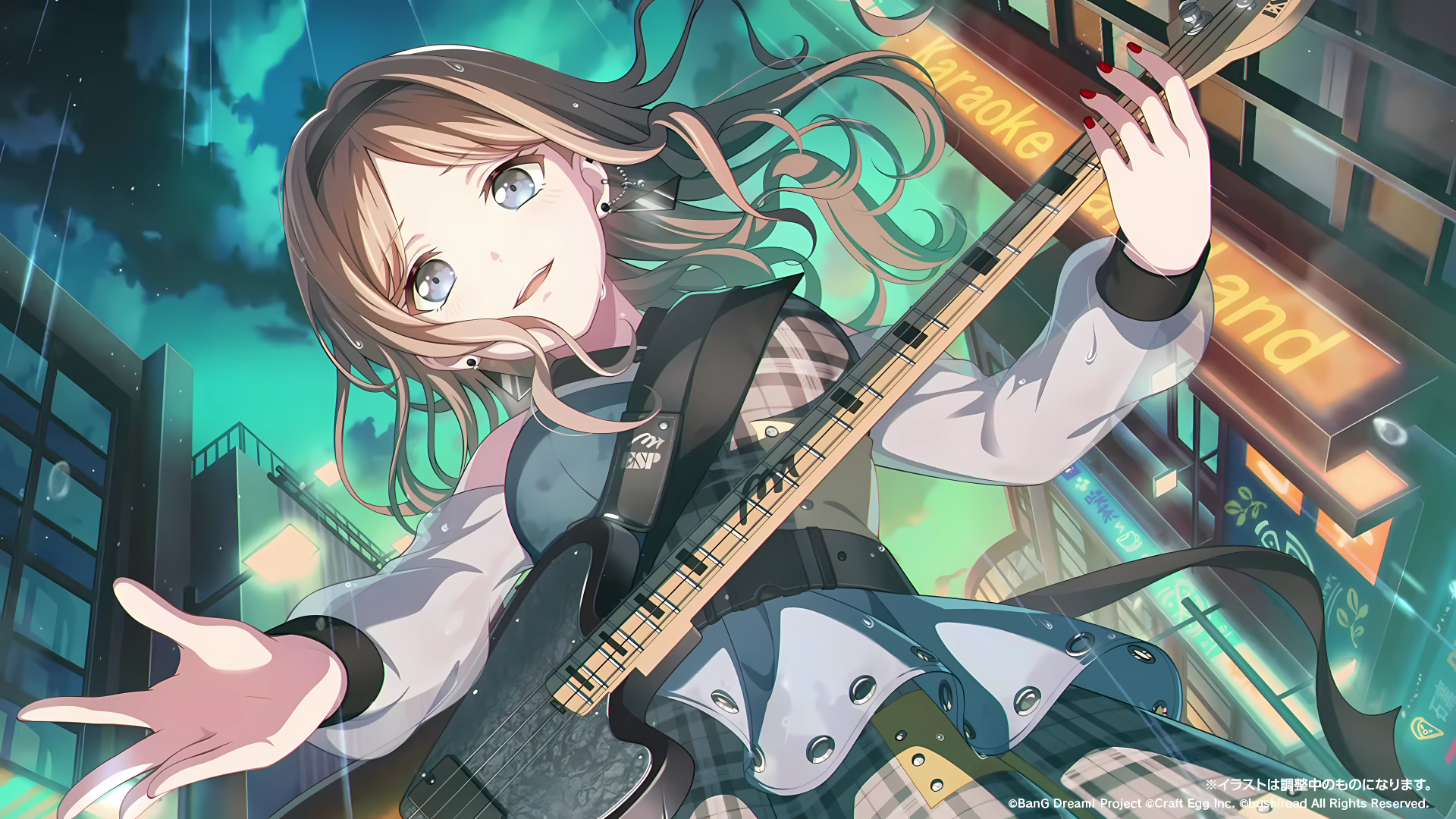 Anime-style 8K Ultra HD desktop wallpaper featuring Nagasaki Soyo from BanG Dream! playing guitar with vibrant city lights in the background, tagged BanG Dream! It's MyGO!!!!!