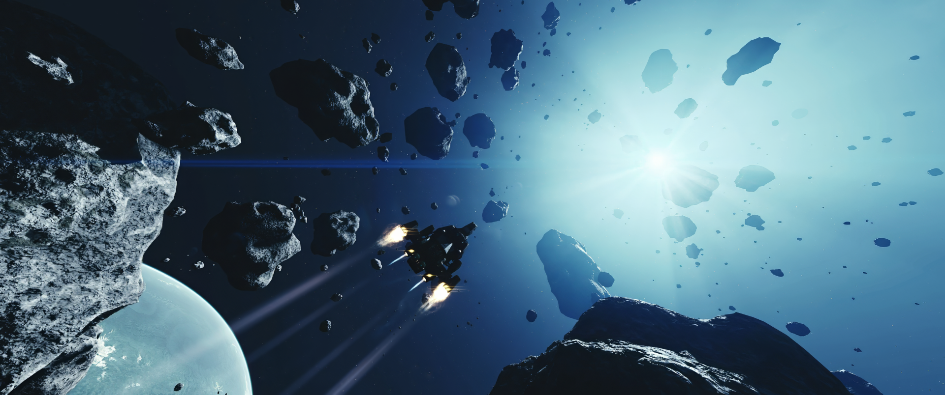 HD wallpaper featuring a starfield with asteroids and a spaceship exploring, great for desktop background.