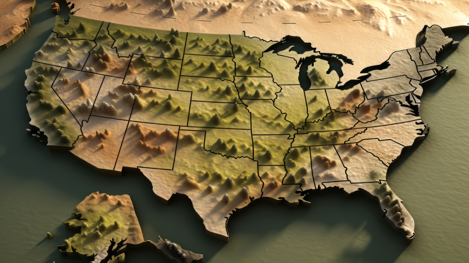 3D topographic map of the USA as a desktop wallpaper, depicting states with relief and textures.