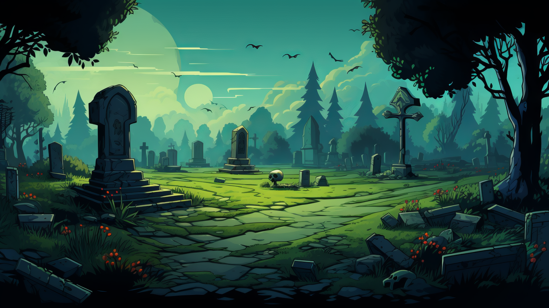 HD Halloween Cemetery Wallpaper with Tombs and Graveyard Scene for Desktop Background.