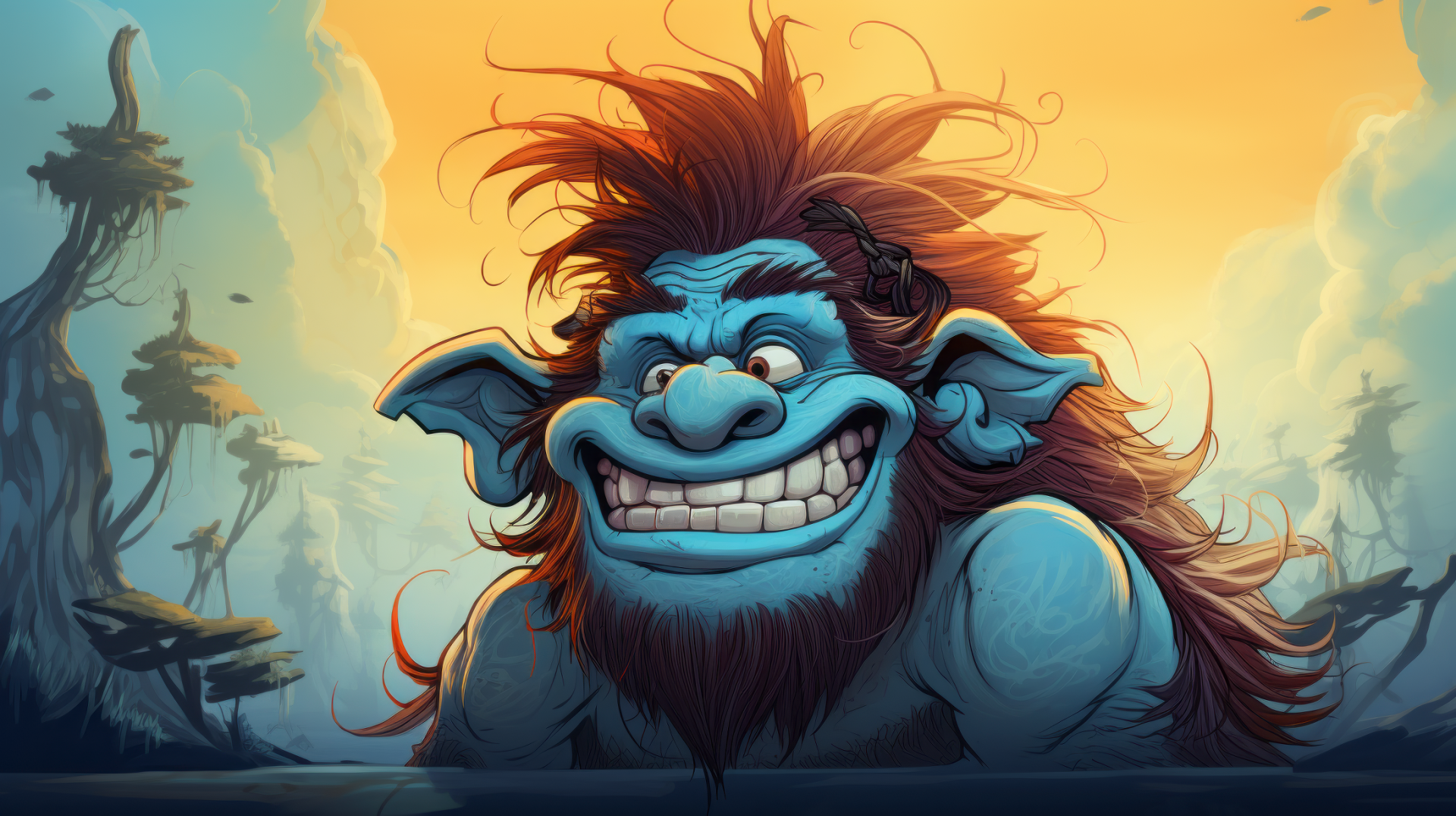 HD desktop wallpaper featuring a grinning, blue-eared fantasy troll with a wild mane, set against an atmospheric, misty forest backdrop.