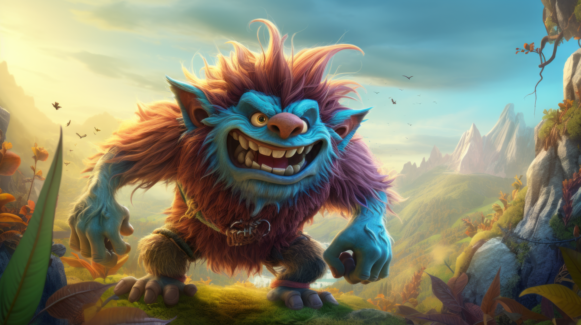 HD desktop wallpaper featuring a vibrant, cartoonish fantasy troll in a dynamic, mountainous landscape.