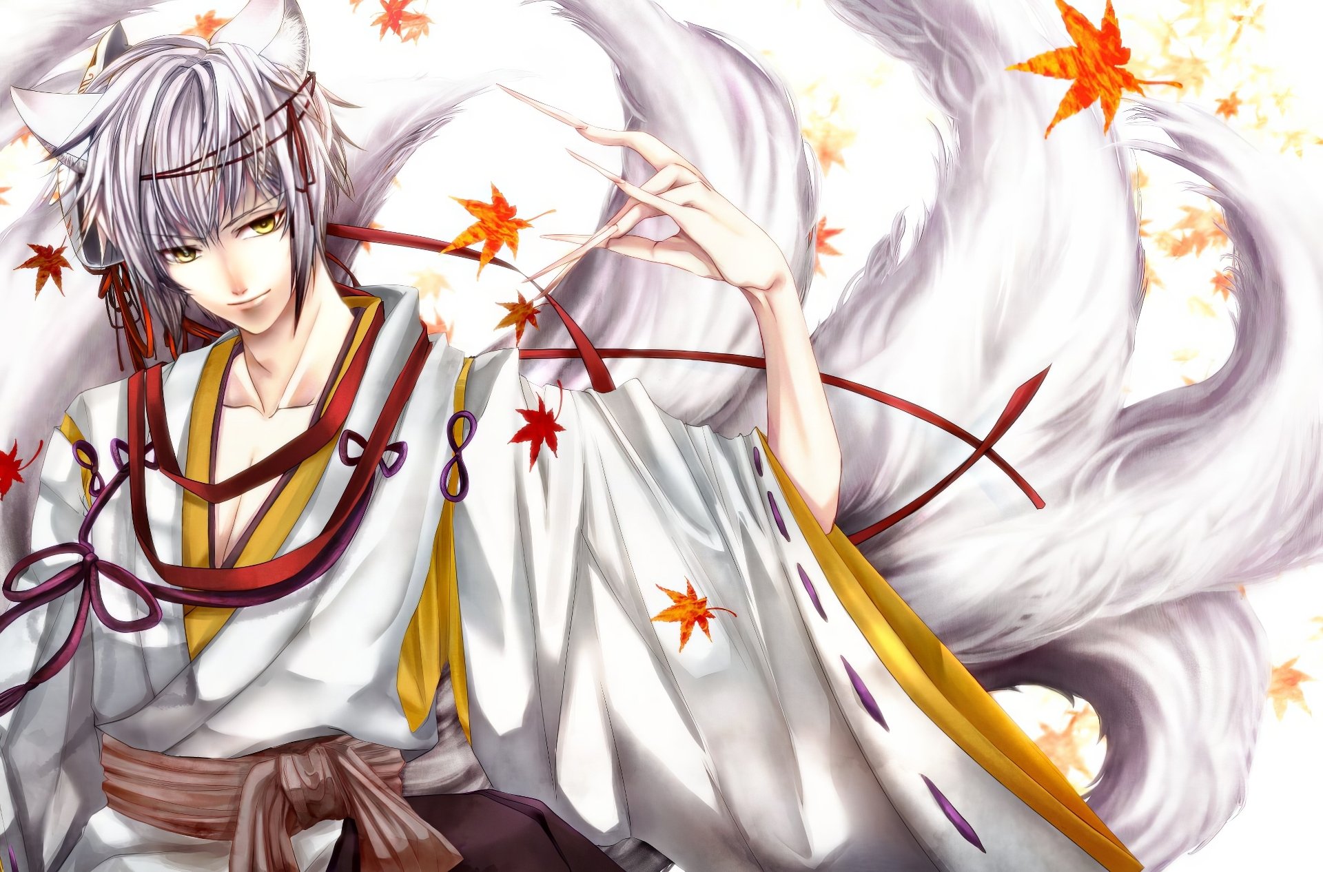HD desktop wallpaper featuring Yuuichi Komura from Hiiro No Kakera, depicted with a flowing white cloak and autumn leaves, exuding a mystical and serene vibe.