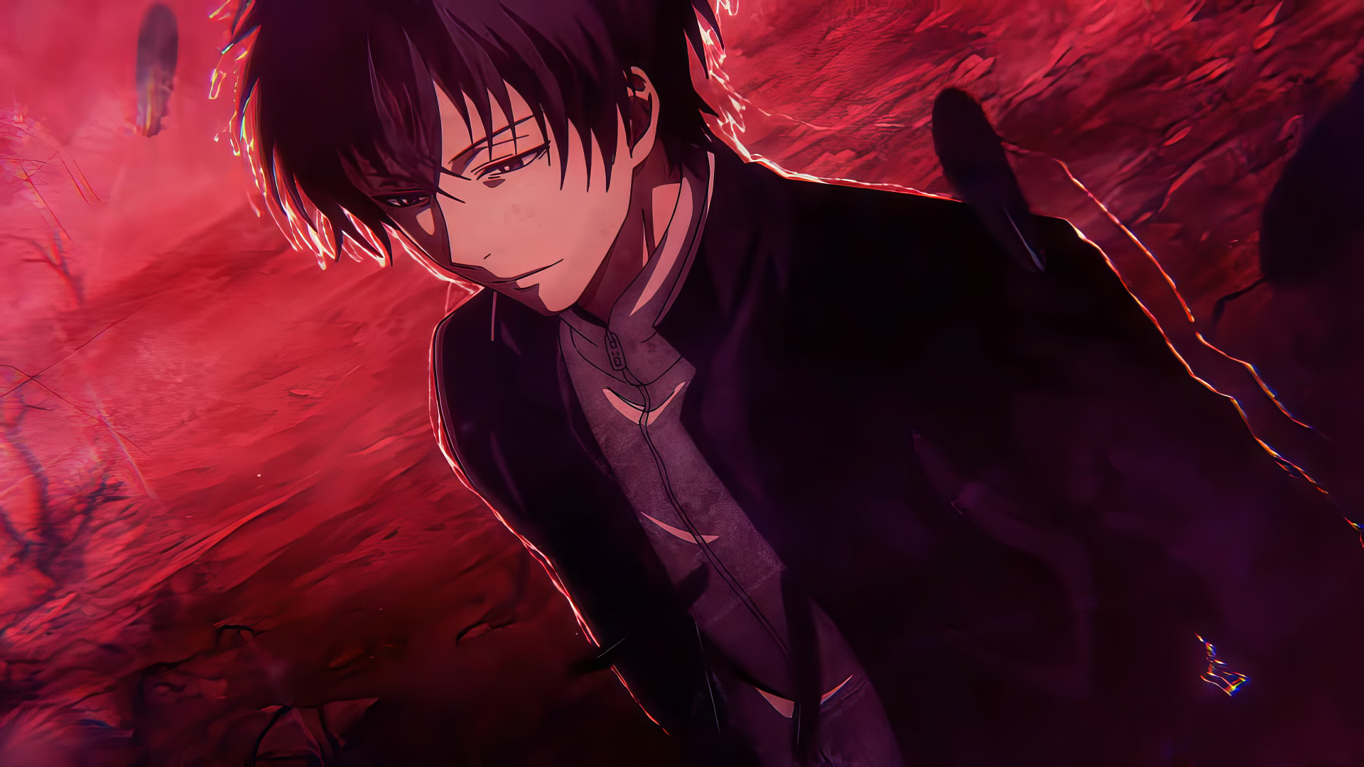 HD desktop wallpaper featuring Yuuichi Katakiri from the dark anime Tomodachi Game, with a brooding red aesthetic.