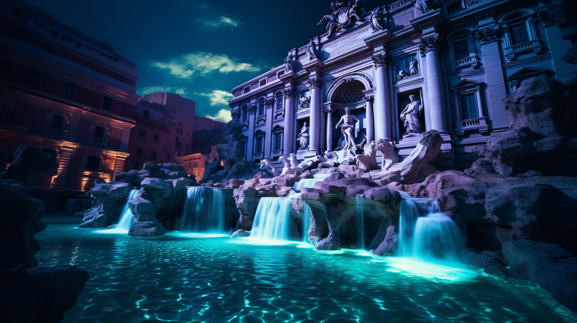 A vibrantly illuminated fountain with neon blue lights, set against a grand building, serves as a stunning HD desktop wallpaper.