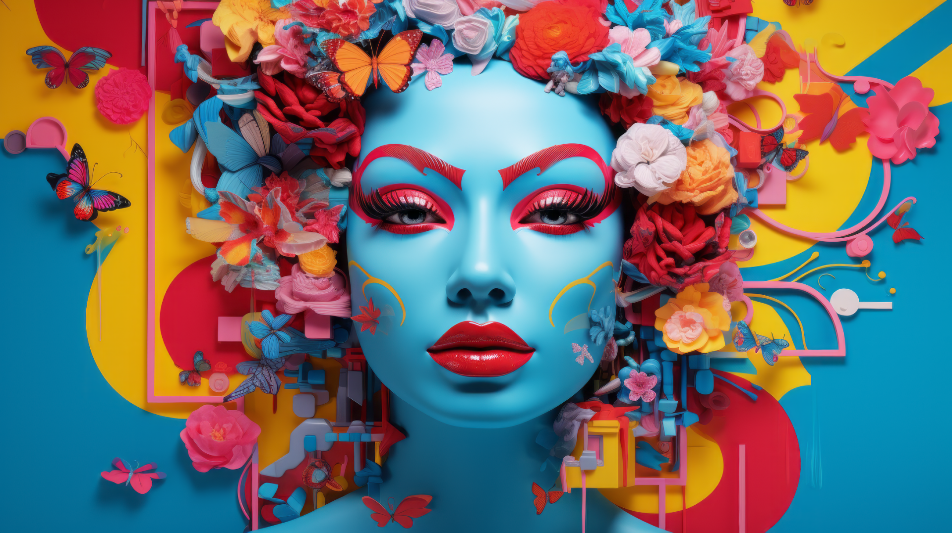 Artistic HD desktop wallpaper featuring a y2k-themed, vivid portrayal of a woman with a floral and butterfly adorned headpiece against a colorful background.