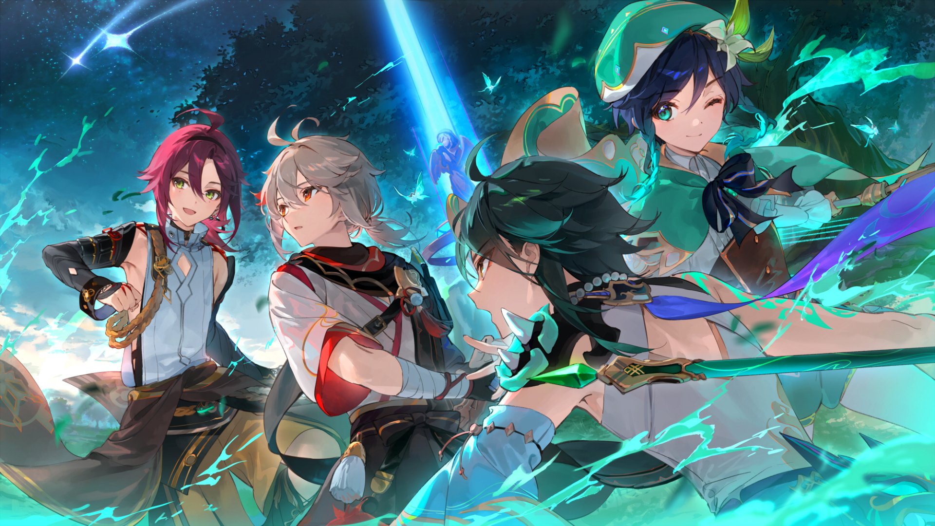 HD PC desktop wallpaper featuring Venti, Xiao, Kaedehara Kazuha, and Shikanoin Heizou from the video game Genshin Impact in dynamic action poses.