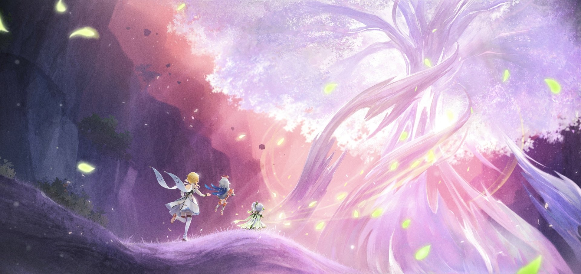 A 4K Ultra HD Genshin Impact desktop wallpaper featuring Nahida, Paimon, and Lumine standing near a glowing, ethereal tree in a vibrant fantasy landscape.