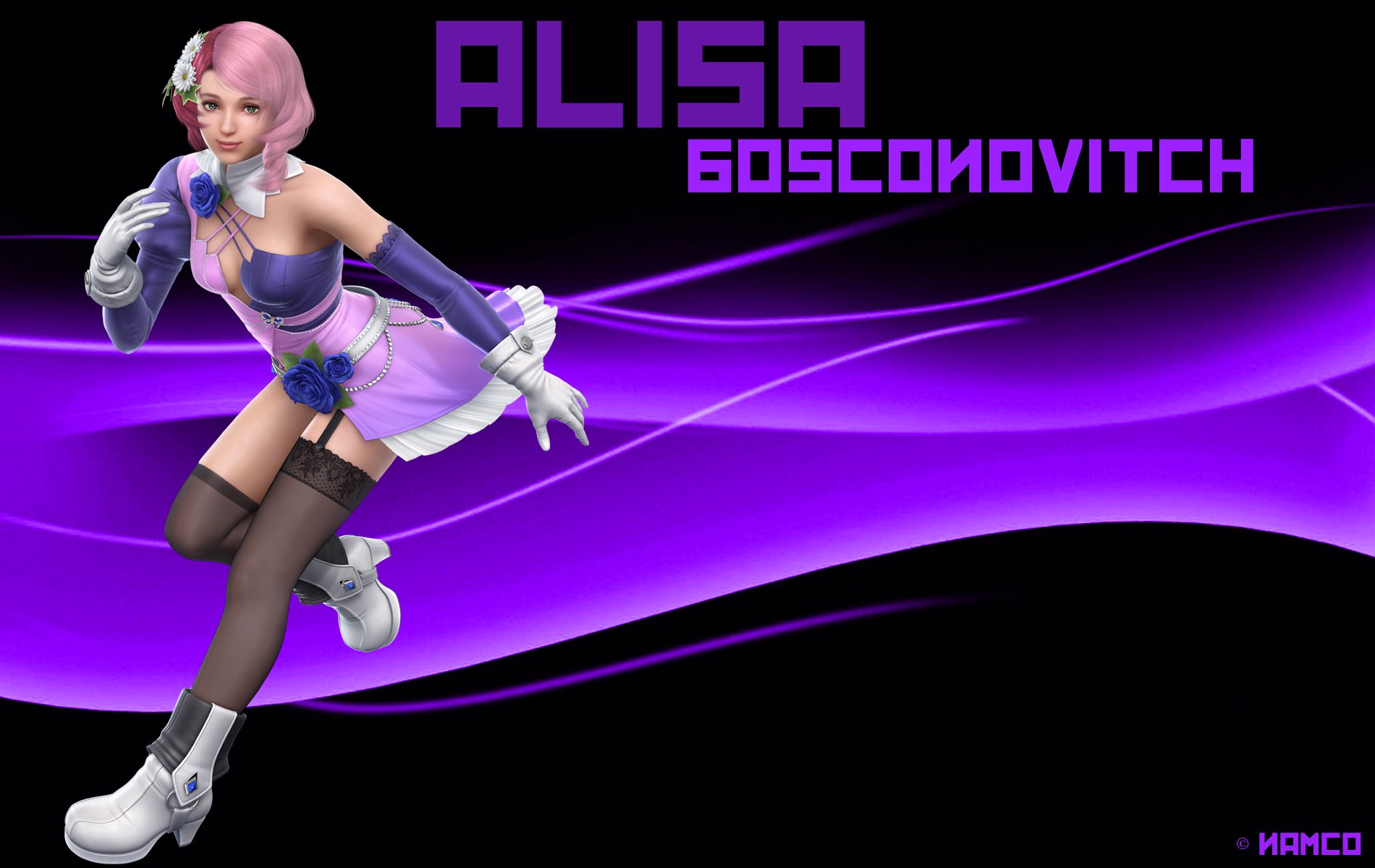 HD desktop wallpaper of Tekken's Alisa Bosconovitch smiling with pink hair, purple-pink dress, gloves, belt, thigh-highs and high-heeled boots, posing over a purple wave background.