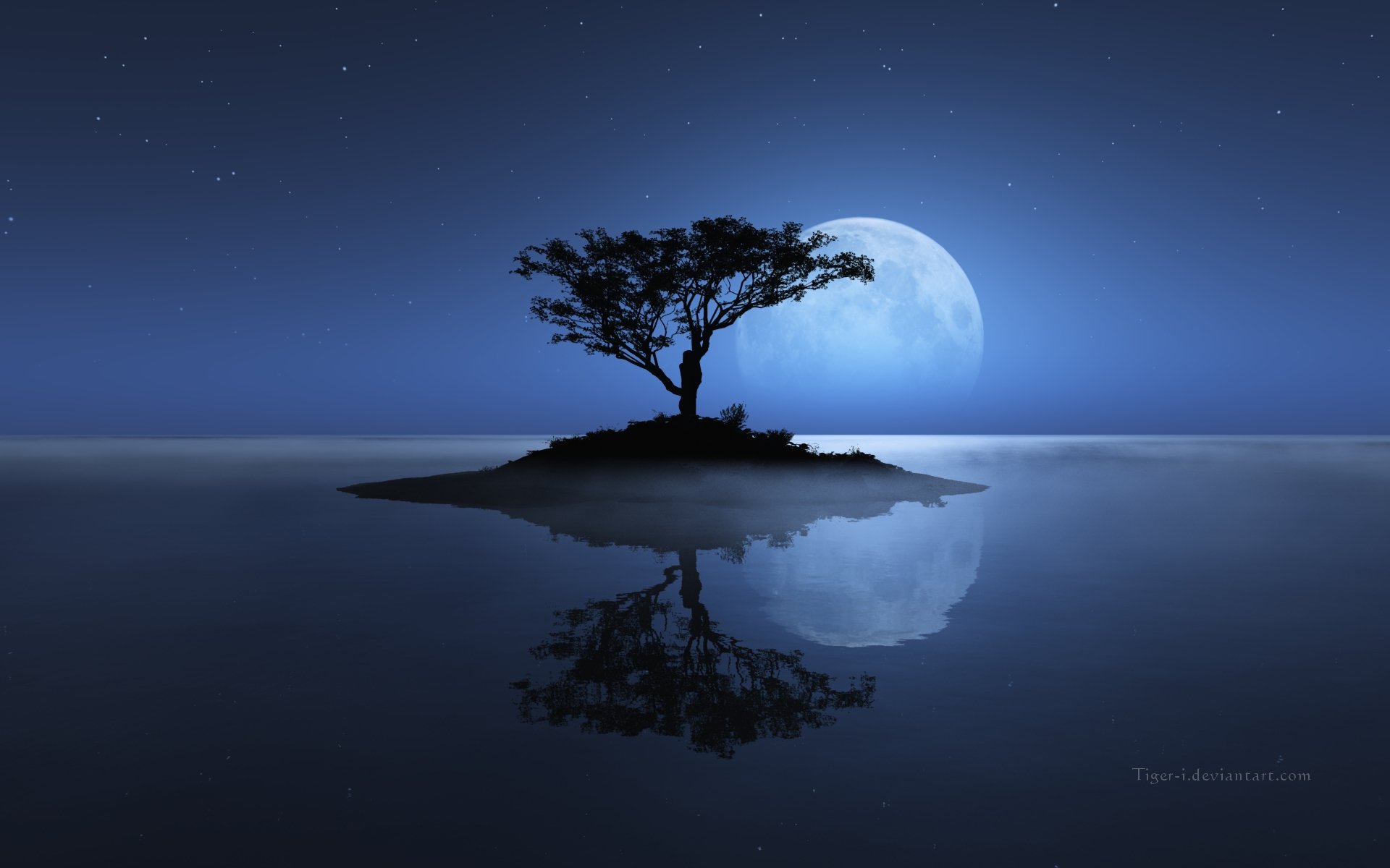 A tranquil night scene showcases a solitary tree on an island, reflecting beautifully in the water under a glowing moon and starry sky, enhancing the serene nature of the moment.