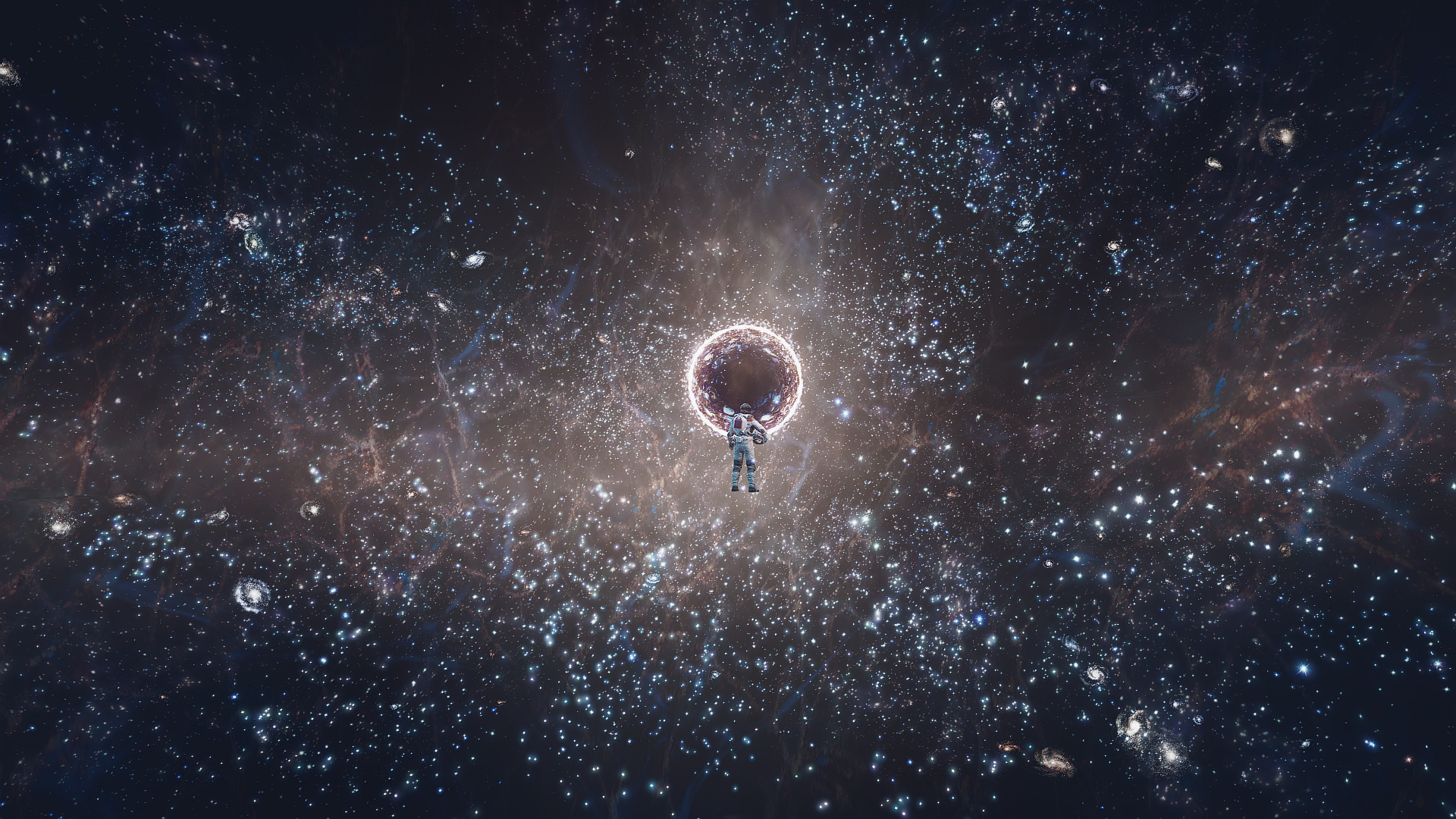 HD PC desktop wallpaper from the video game Starfield, featuring an astronaut floating in a vast, star-filled cosmic expanse.