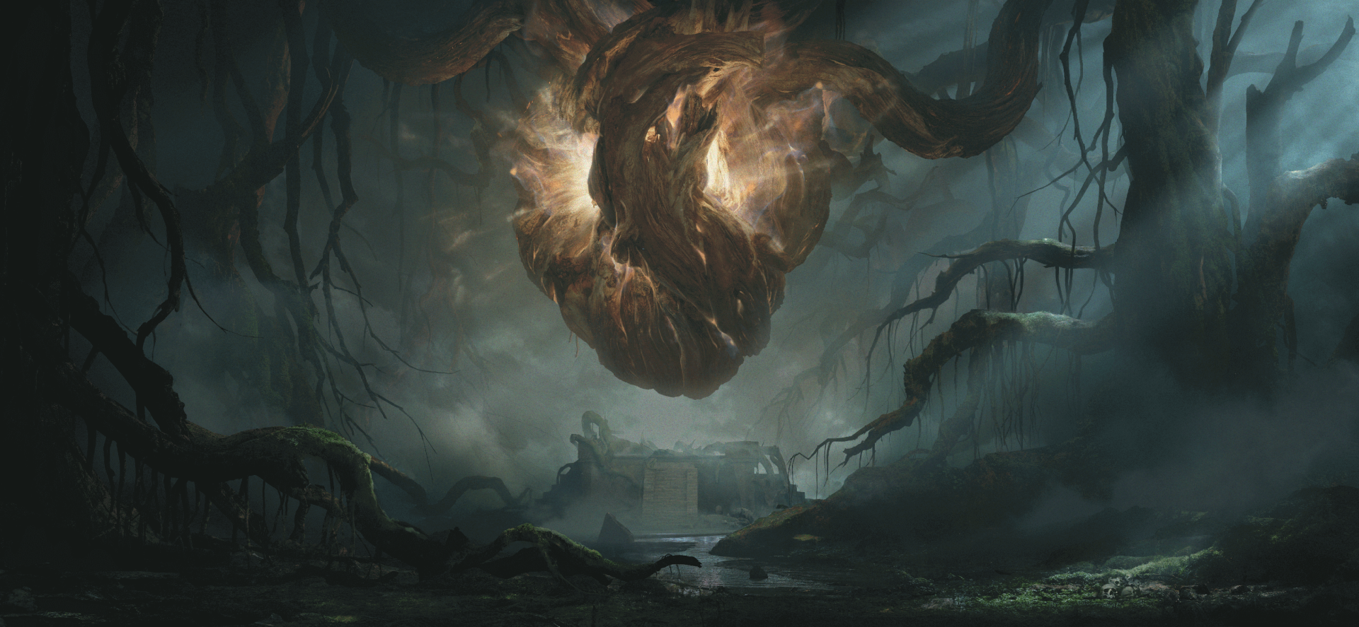 HD wallpaper of Dragonheir: Silent Gods featuring a mysterious fiery orb above an ancient temple in a dark forest.