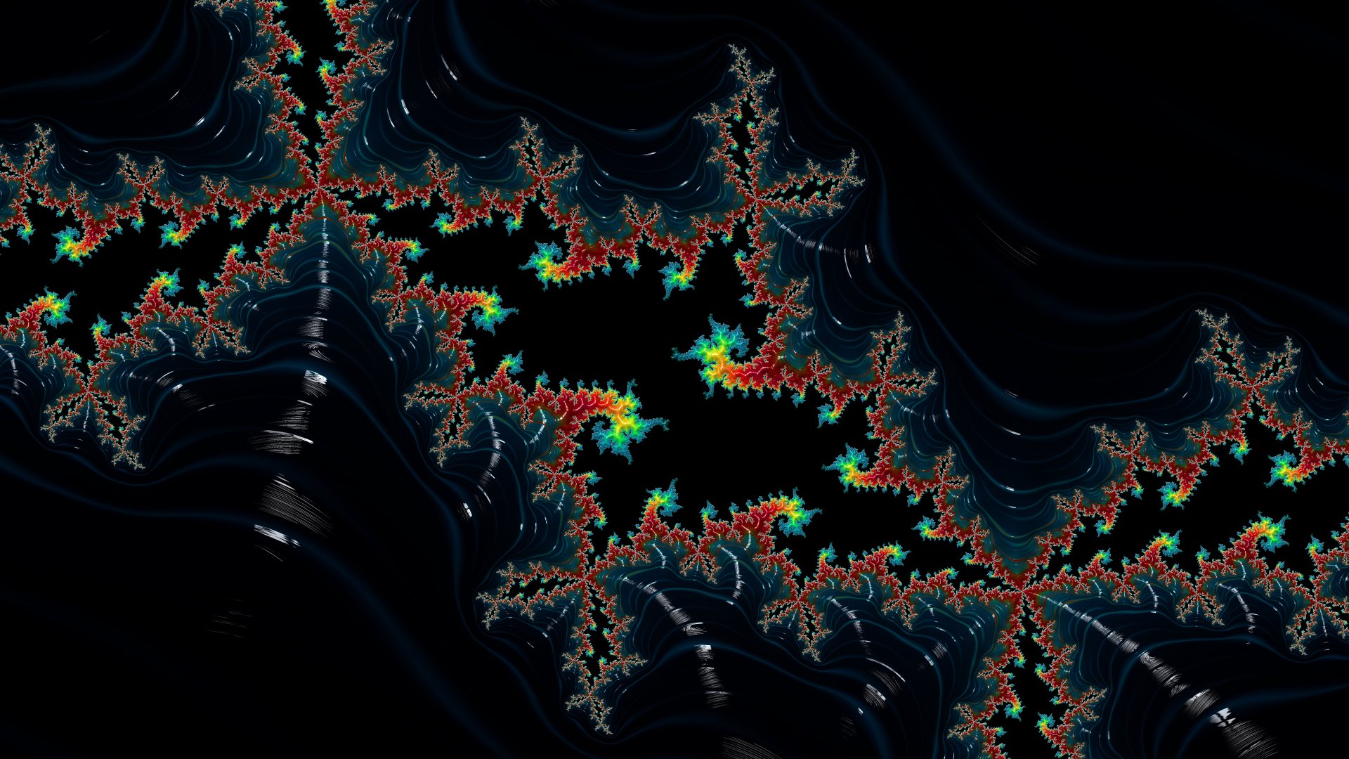 Colorful fractal of vivid colors on a dark black field — abstract 8K Ultra HD PC desktop wallpaper and background with branching neon filaments.
