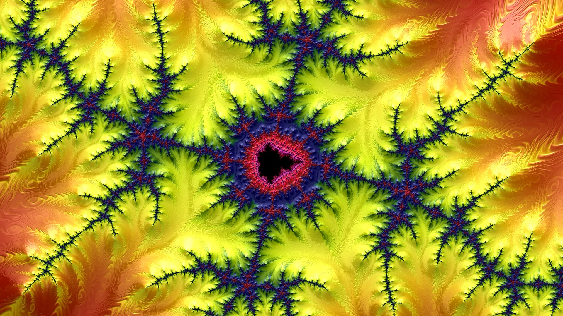 Vibrant abstract fractal in vivid yellow, green, blue and magenta spiraling from a central black star; colorful 8K Ultra HD PC desktop wallpaper and background.