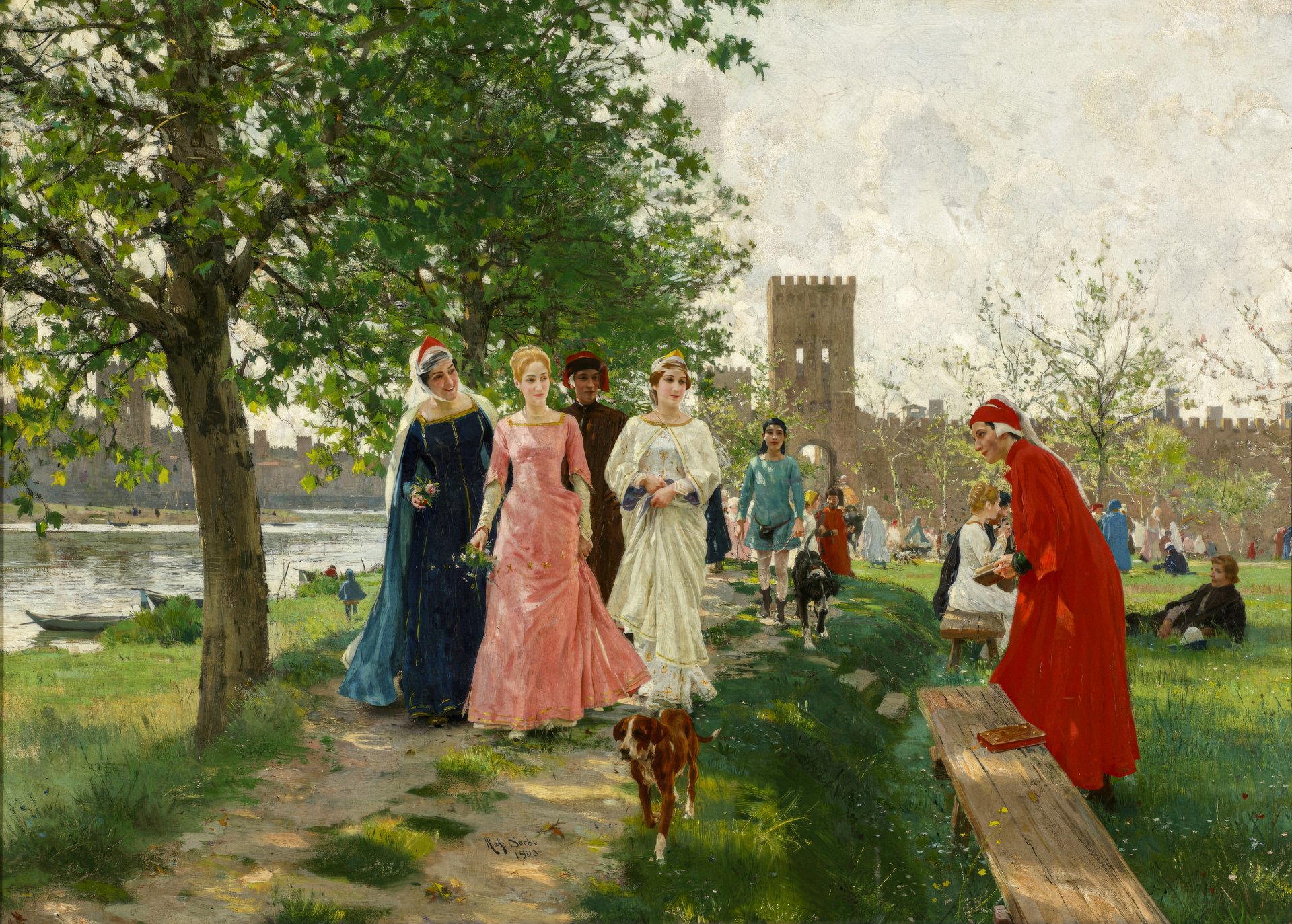 Download Dante Crowd River Park Romantic Artistic Painting HD Wallpaper by Raffaello Sorbi