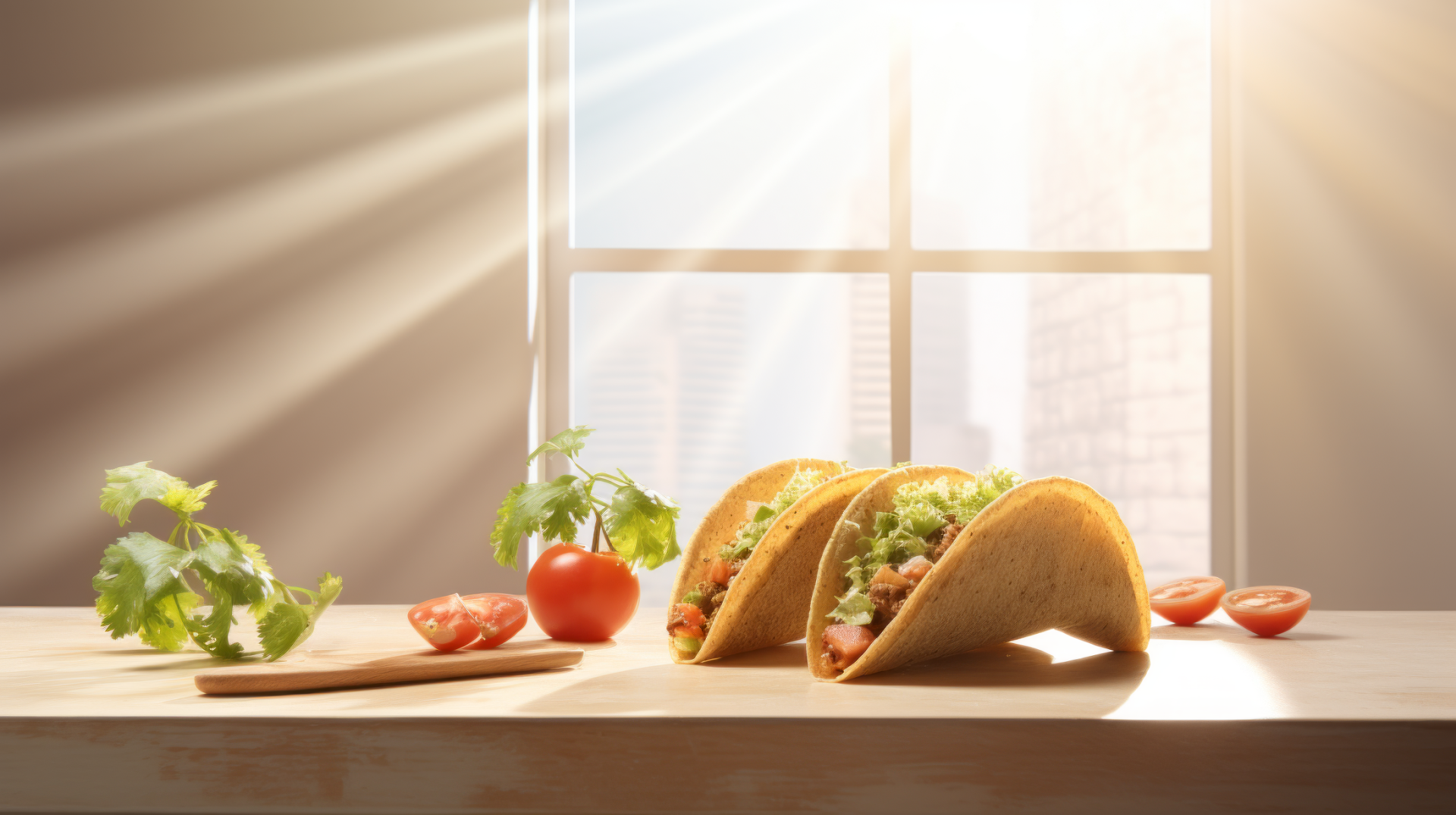 HD desktop wallpaper of sunbeams illuminating tacos on a wooden table, accompanied by fresh tomatoes and cilantro, capturing a fresh and appealing scene.