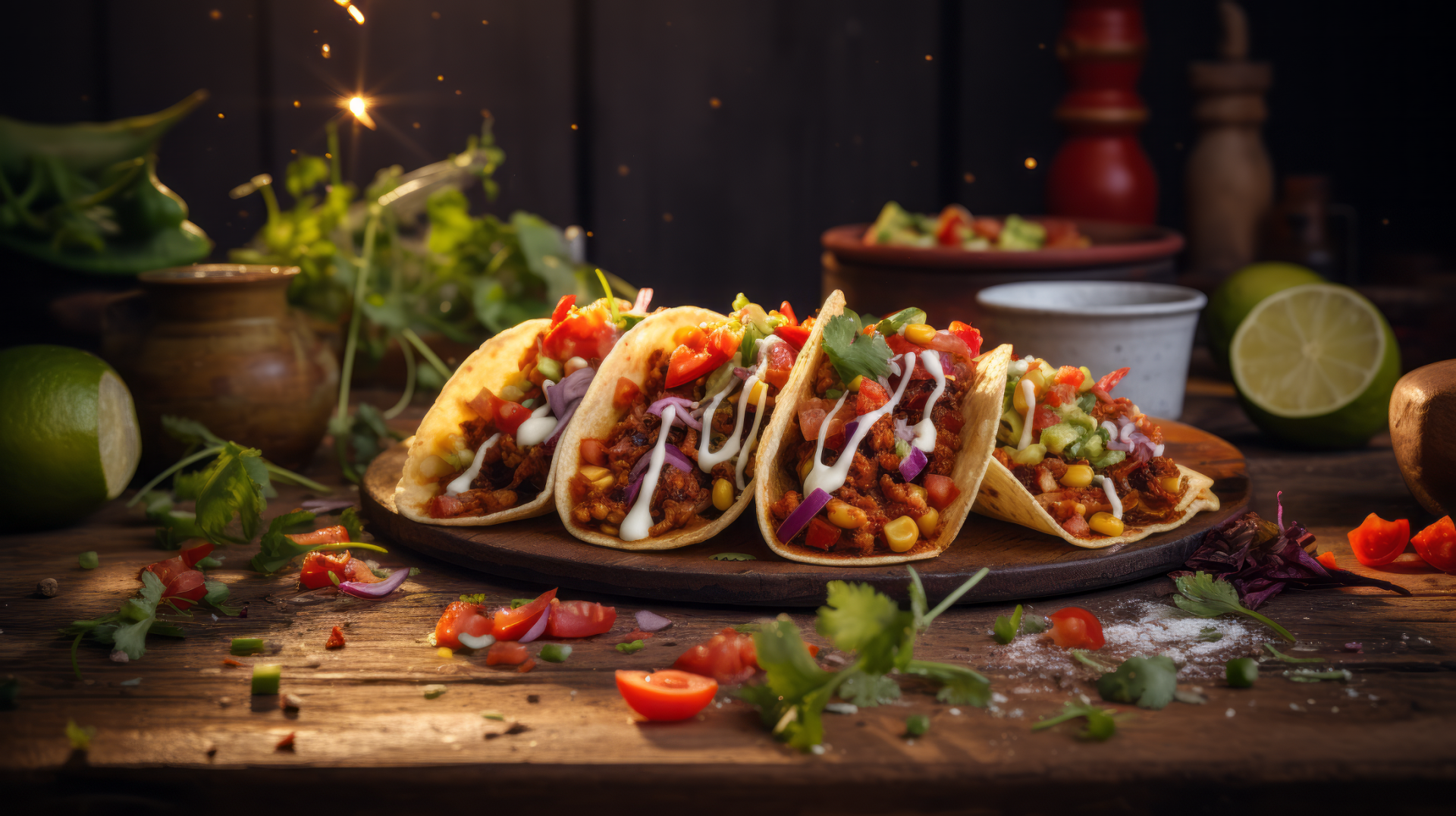 A vibrant HD desktop wallpaper featuring delicious tacos filled with meat, corn, and fresh toppings, garnished with herbs and accompanied by lime, set against a rustic wooden backdrop.
