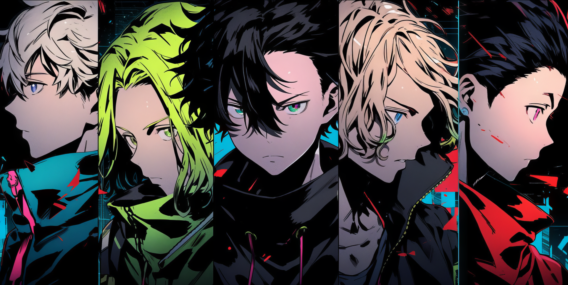 Anime characters with colorful highlights HD desktop wallpaper.