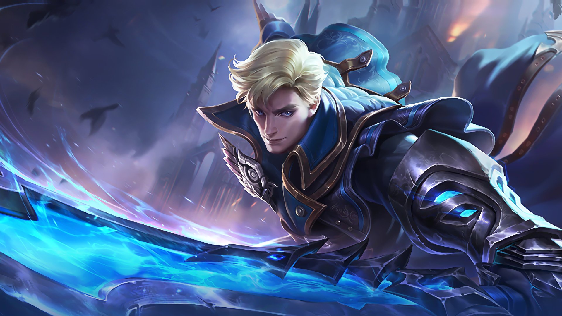 HD desktop wallpaper featuring Alucard from Mobile Legends: Bang Bang, posed dynamically with a blue energy sword and armor, set against a dark, blurred battlefield background.