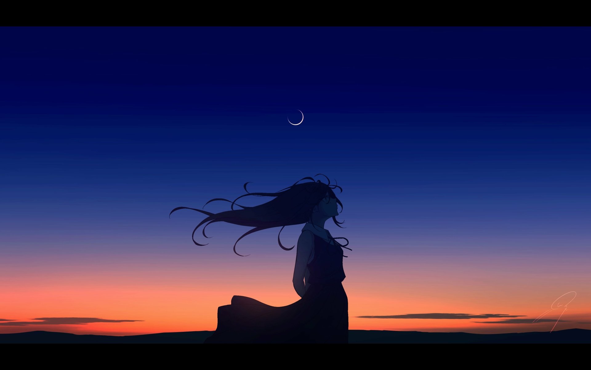 4K Ultra HD anime girl silhouette against a vivid sunset-to-night gradient with a crescent moon — tranquil PC desktop wallpaper.
