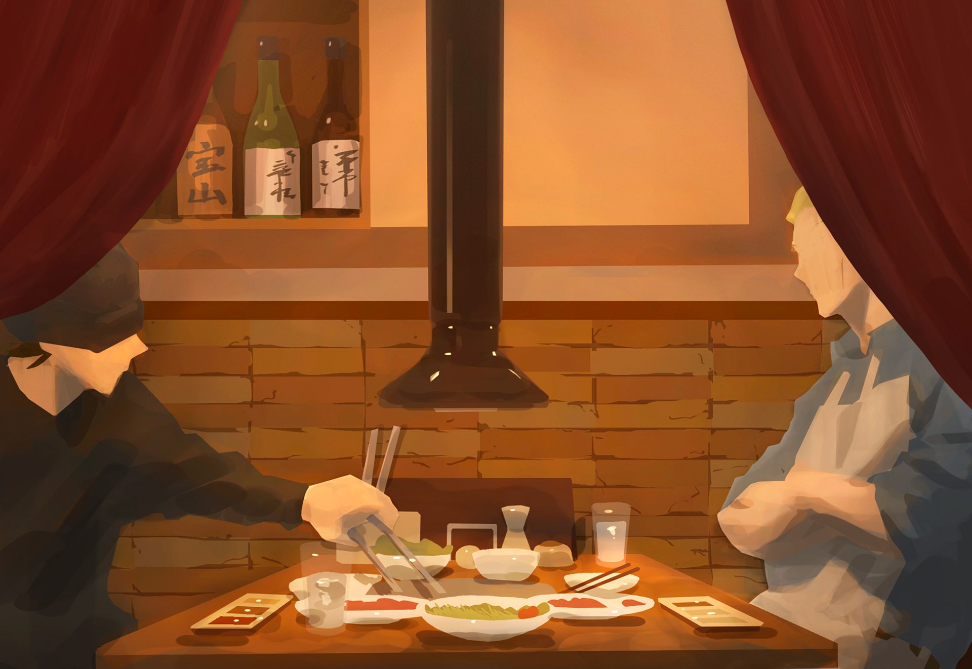 Anime-style HD desktop wallpaper from Jujutsu Kaisen depicting two characters sharing a meal in a cozy, warmly lit restaurant setting.