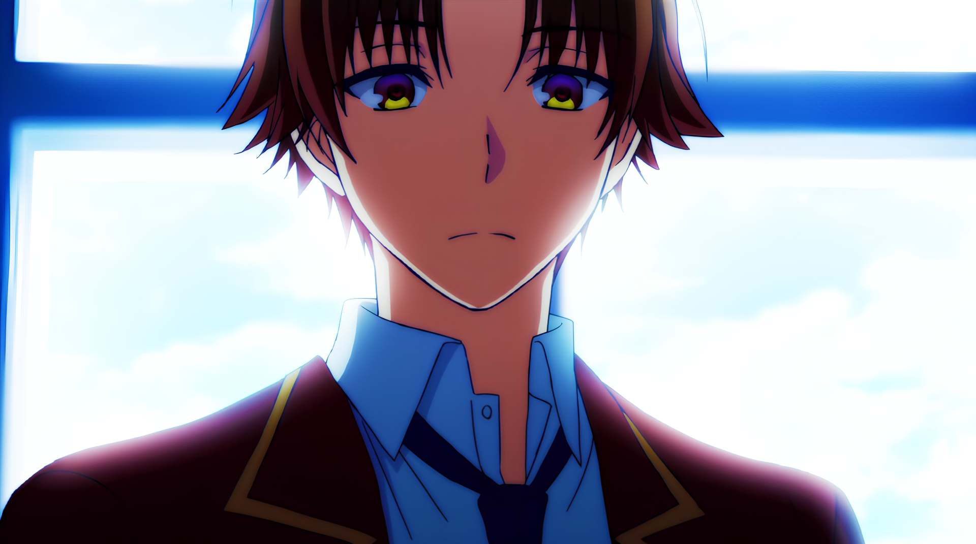 Kiyotaka Ayanokōji from the anime Classroom of the Elite is shown in a detailed 4K Ultra HD desktop wallpaper with a bright background.