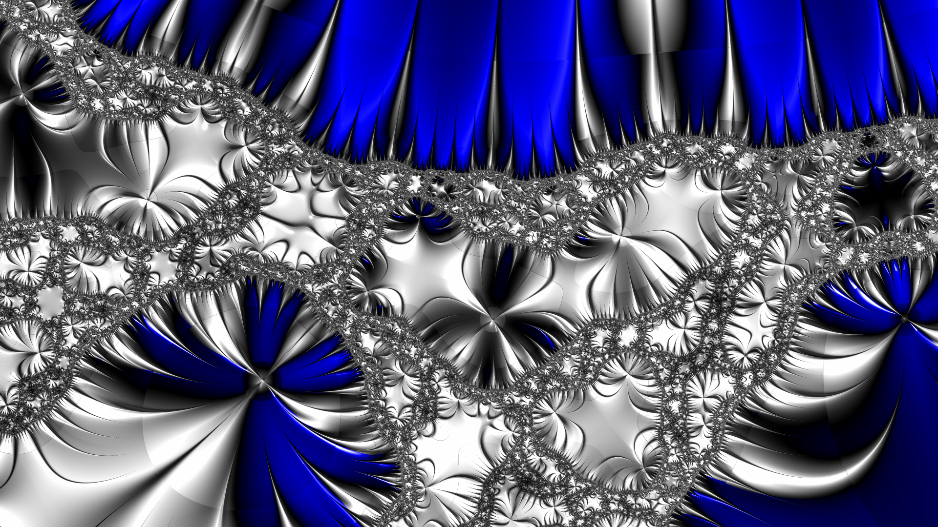 Trippy psychedelic abstract fractal in vivid blue, black, and silver tones, rendered in stunning 8K Ultra HD for a dynamic PC desktop wallpaper and background.