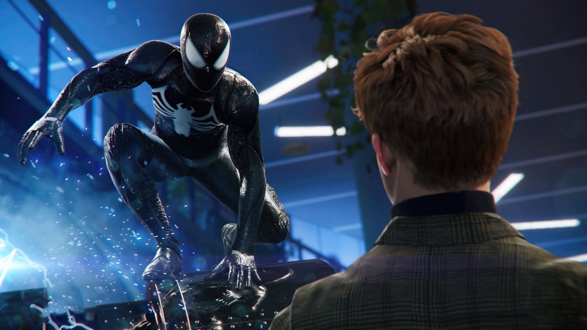 High-definition desktop wallpaper featuring Marvel's Spider-Man 2 with an intense scene of a character in a black Spider-Man suit confronting another person.