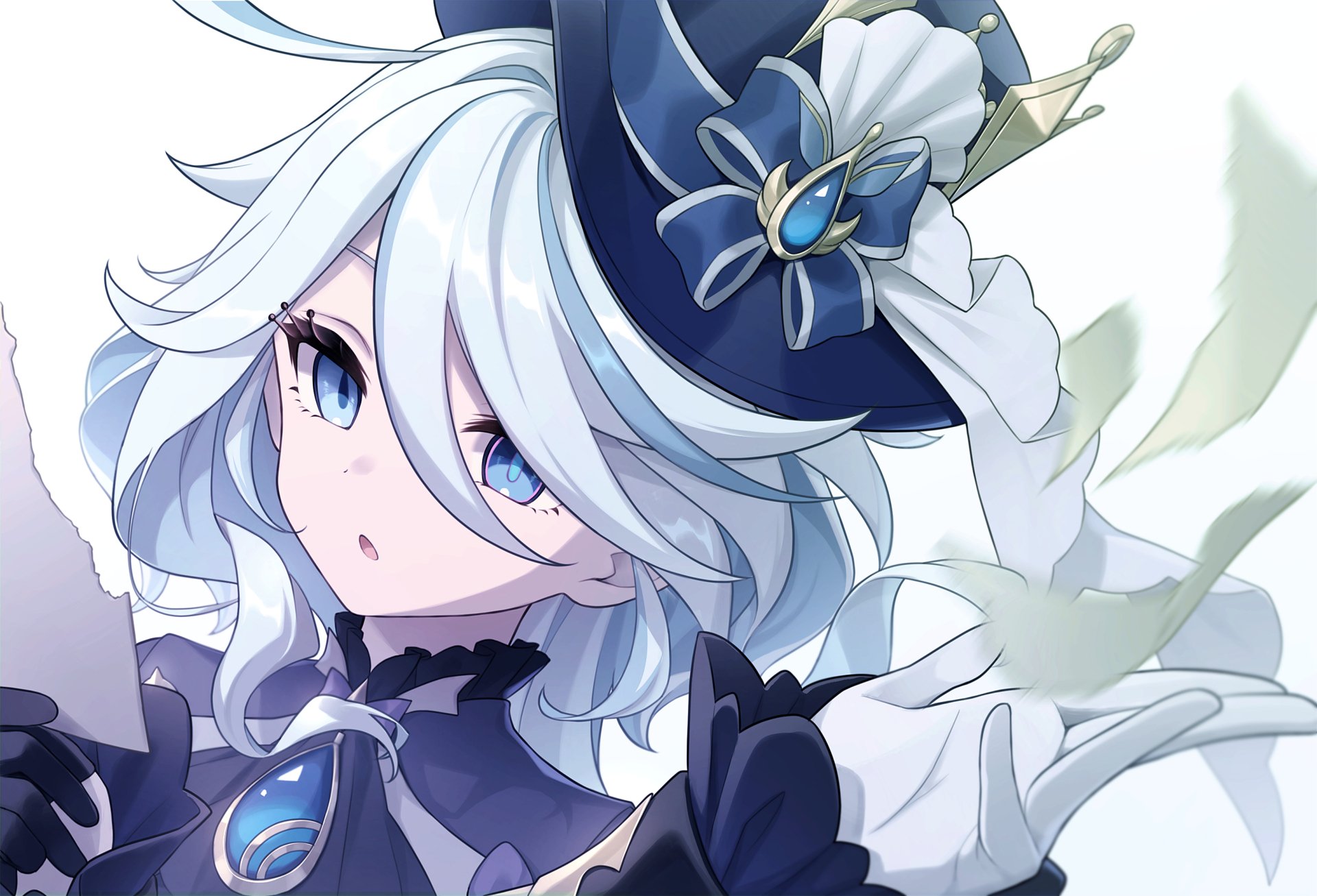 HD PC desktop wallpaper featuring Furina from the video game Genshin Impact, showcasing her detailed white hair, blue eyes, and intricate outfit.
