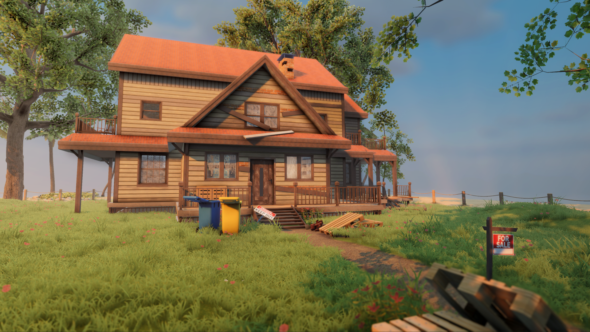HD wallpaper from House Flipper 2 featuring a two-story house with a porch in a serene, suburban setting.