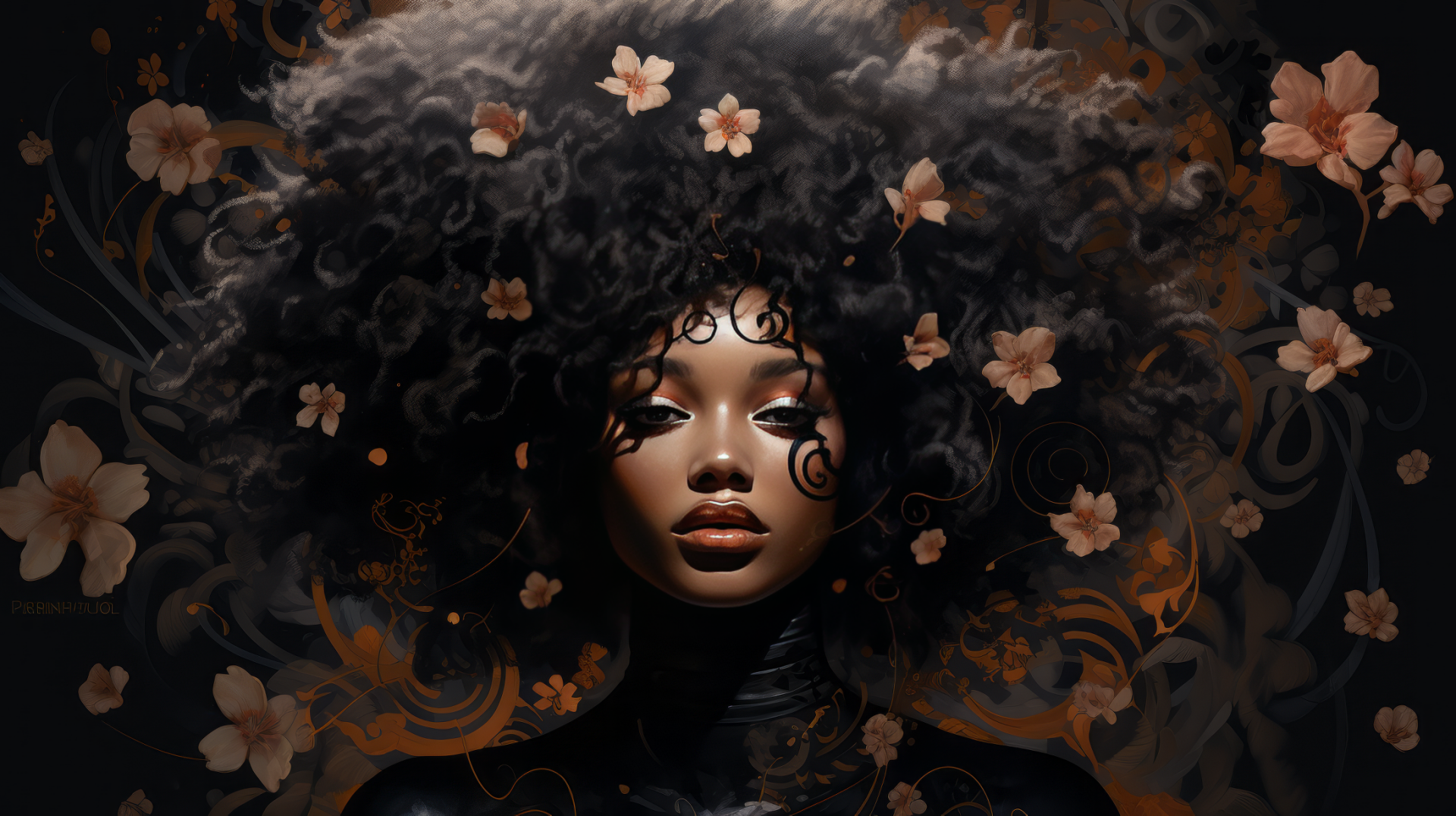 Stunning HD desktop wallpaper featuring a model with a black aesthetic, adorned with floral elements in a dark, elegant setting.