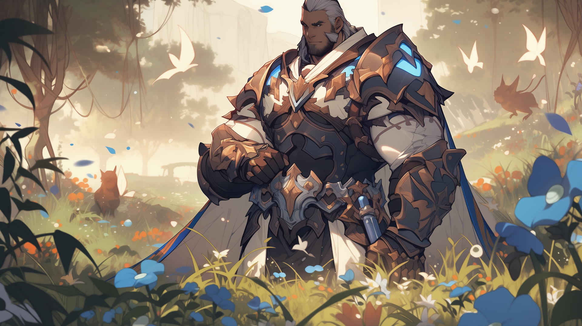 HD desktop wallpaper featuring a World of Warcraft Paladin in full armor, set against a serene forest backdrop with ethereal light and floating leaves.