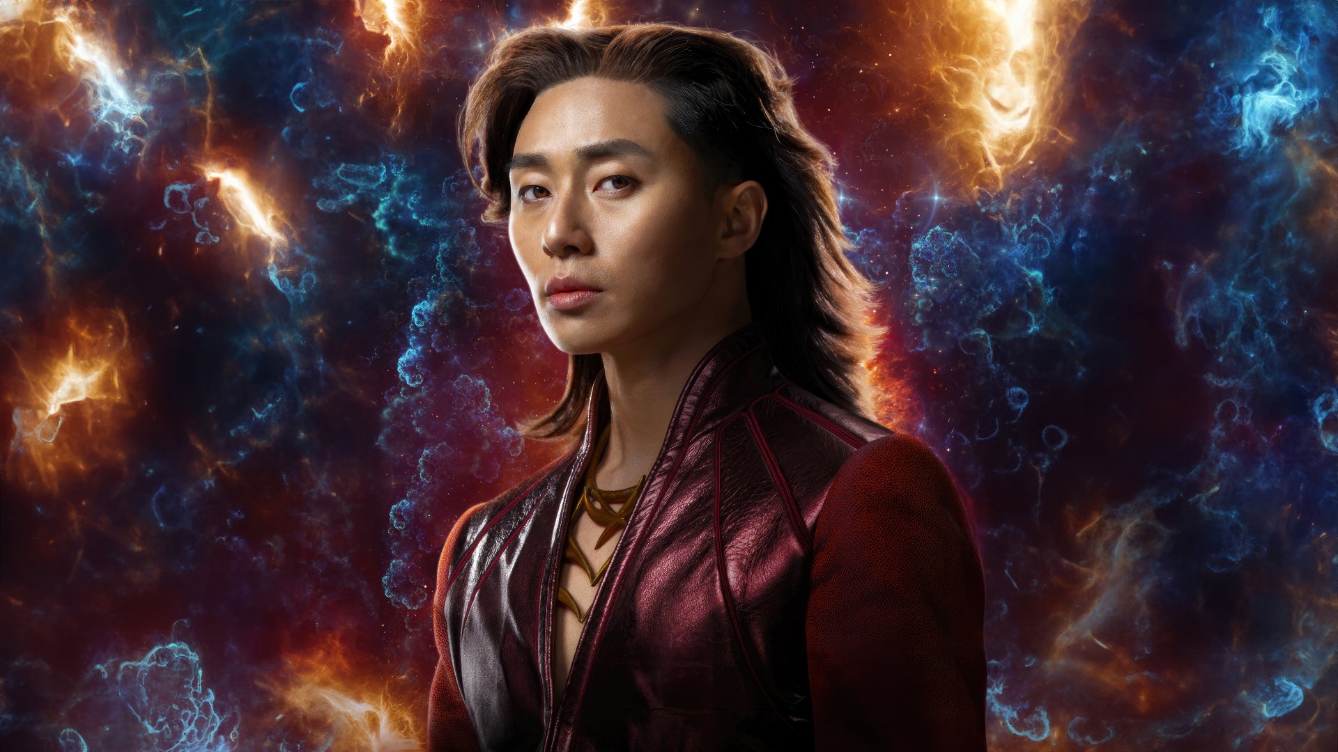 4K Ultra HD PC desktop wallpaper featuring a character from the movie The Marvels against a vibrant, cosmic background with fiery and electric elements.