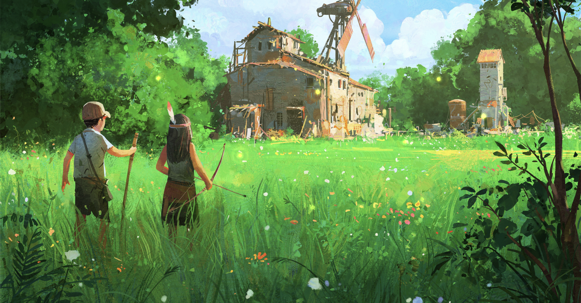 HD PC desktop wallpaper featuring an abstract cartoon scene of two archers approaching an old wooden windmill surrounded by lush greenery and wildflowers.