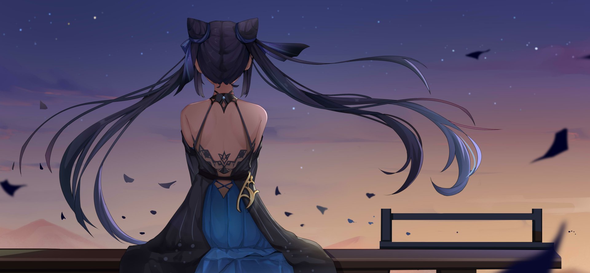 Keqing from Genshin Impact in a serene dusk setting, featured in a 4K Ultra HD PC desktop wallpaper showcasing her detailed outfit and flowing hair.
