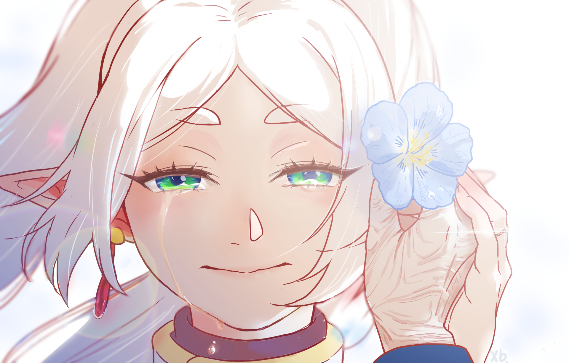 HD desktop wallpaper featuring Frieren from 'Frieren: Beyond Journey's End' holding a blue flower, with a radiant, whimsical smile.