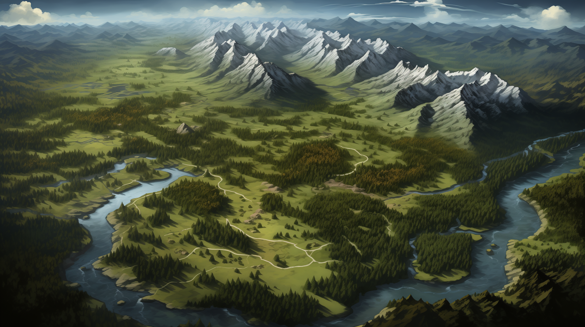 HD desktop wallpaper featuring a detailed RPG map with snowy mountains, lush forests, and winding rivers.