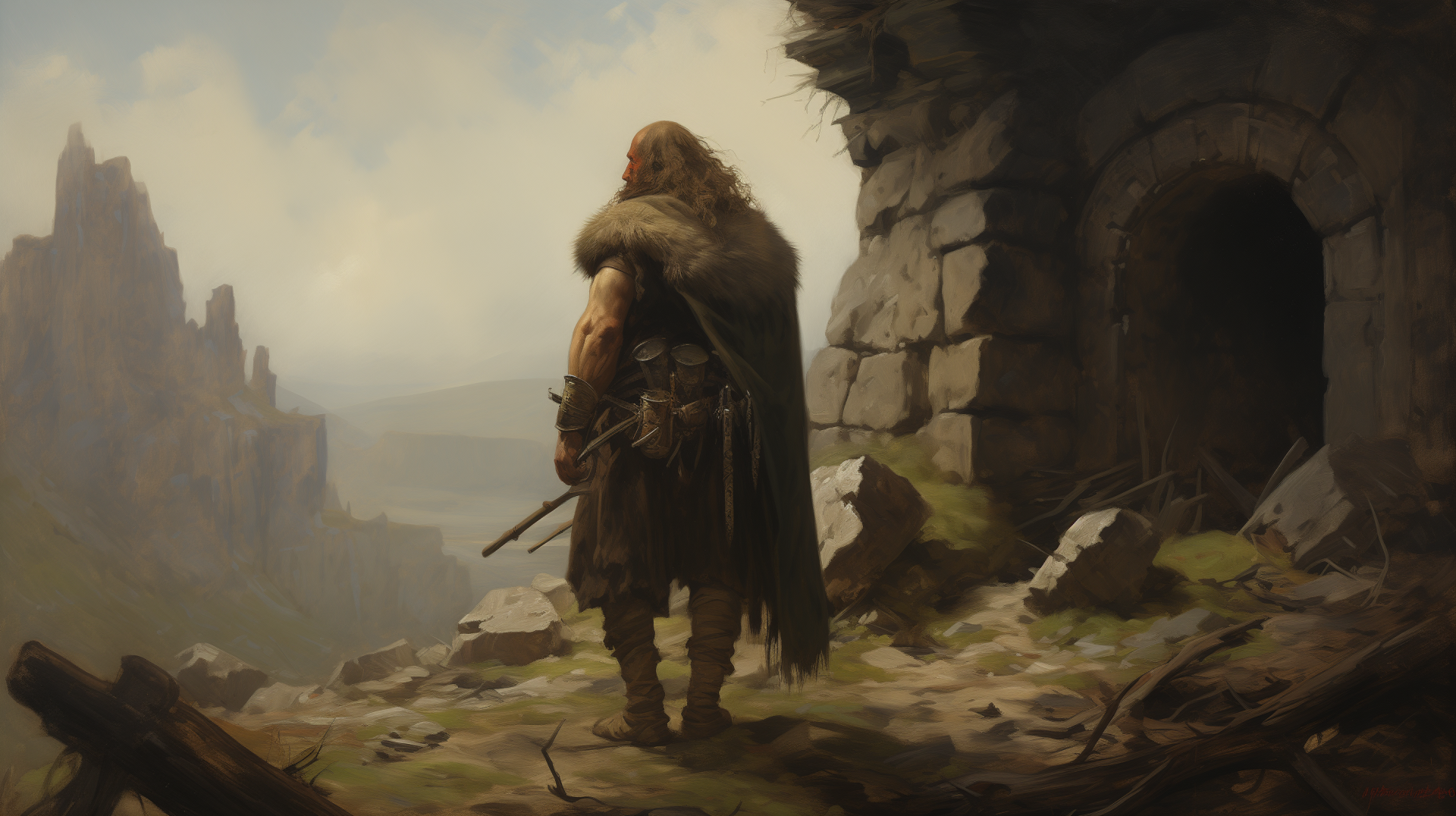 Warrior in cloak standing by ancient ruins in a mystic landscape - HD desktop wallpaper background.