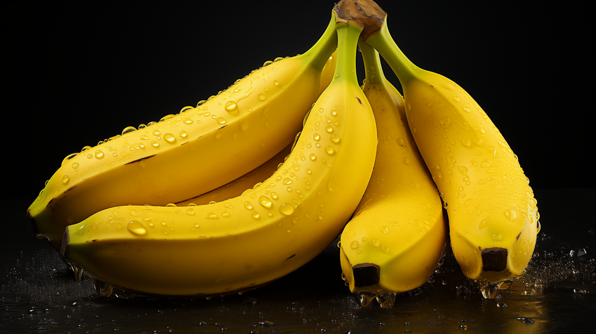 HD wallpaper of fresh, water-droplet covered bananas on a dark background.