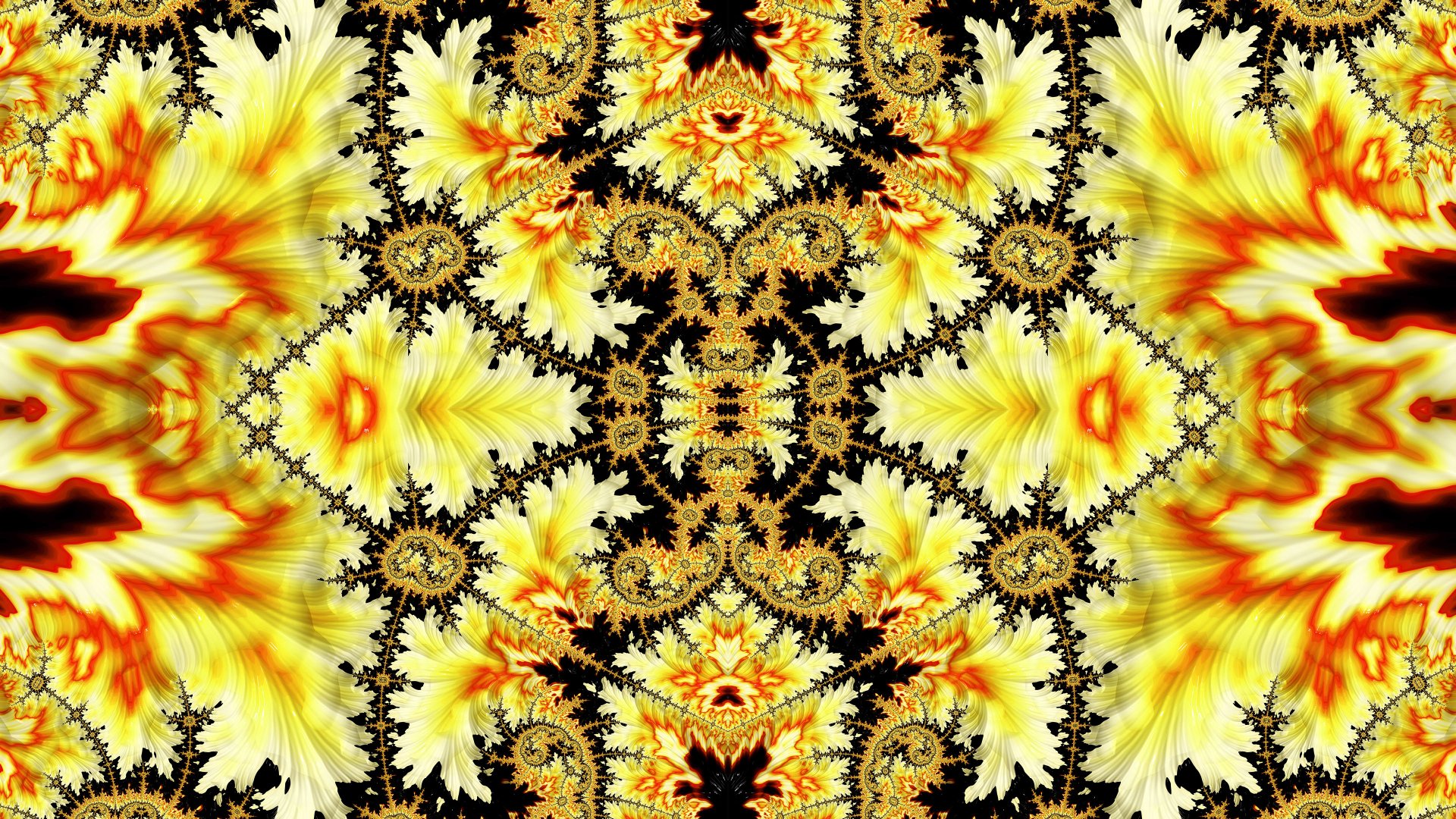 Vibrant yellow psychedelic fractal artwork with intricate, abstract patterns in a trippy, aesthetic design, rendered in 4K Ultra HD for PC desktop wallpaper.