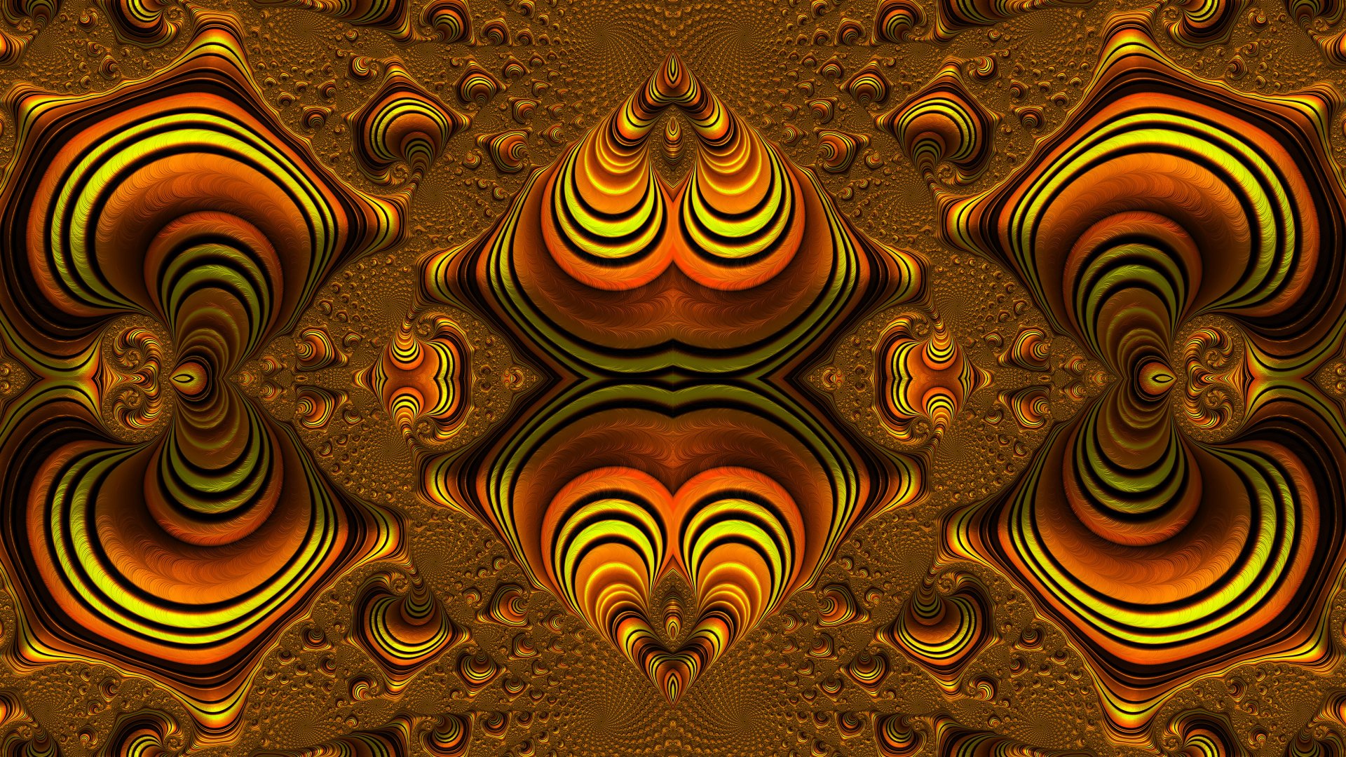 A 4K Ultra HD psychedelic fractal wallpaper featuring vibrant orange abstract shapes with a trippy, symmetrical aesthetic on a dark background.